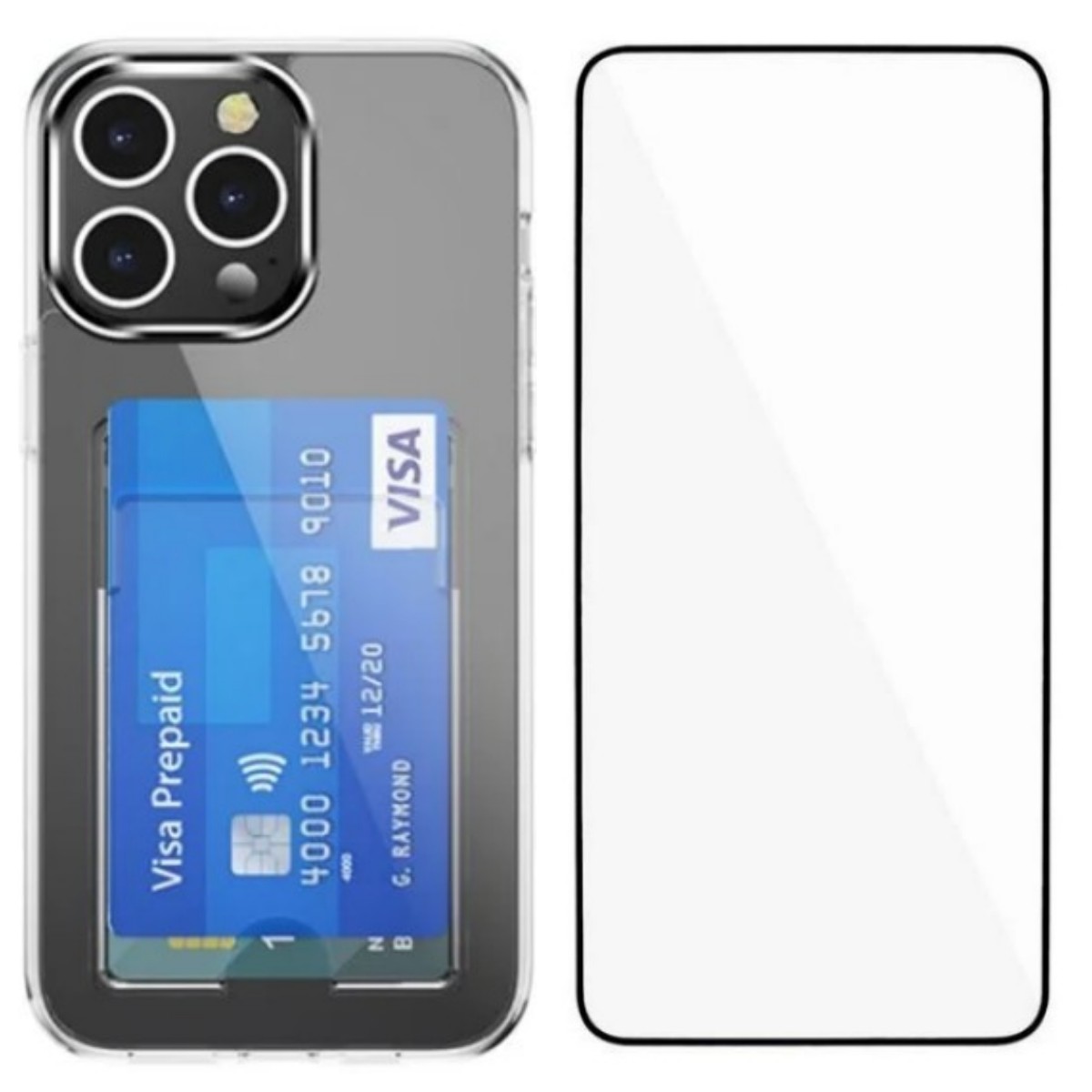 For iPhone 15 Pro Clear Phone Case with Screen Film WANLONFENG CK Series Card Holder Cover (Big Lens Hole) - Transparent