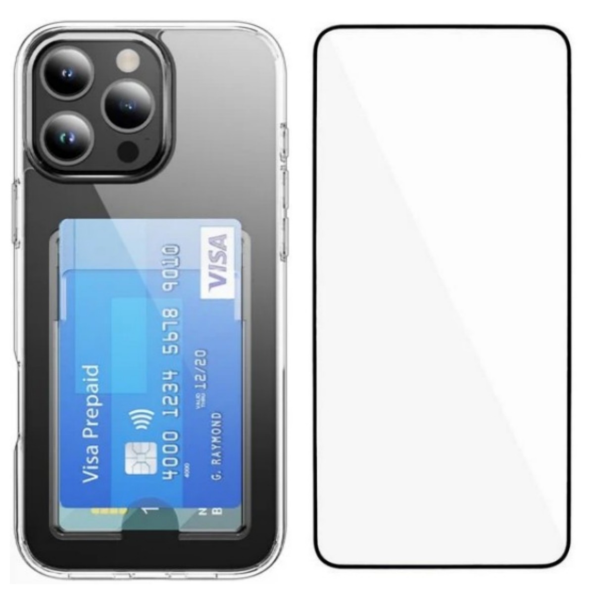 For iPhone 16 Pro Max Clear Phone Case with Screen Film WANLONFENG CK Series Card Holder Cover (Big Lens Hole) - Transparent