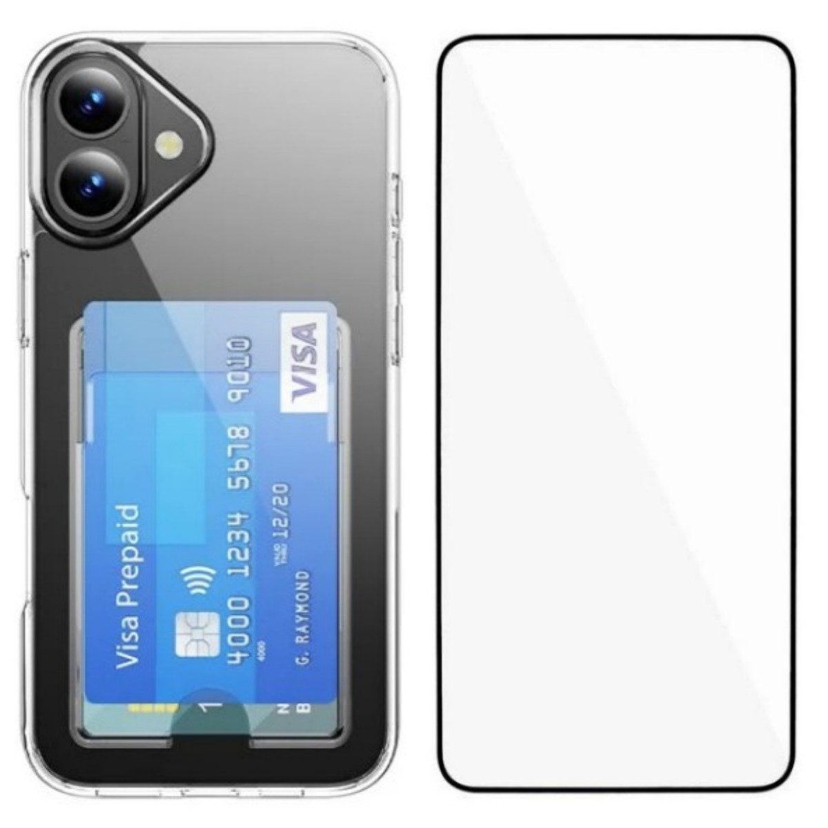 For iPhone 16 Clear Phone Case with Screen Film WANLONFENG CK Series Card Holder Cover (Big Lens Hole) - Transparent