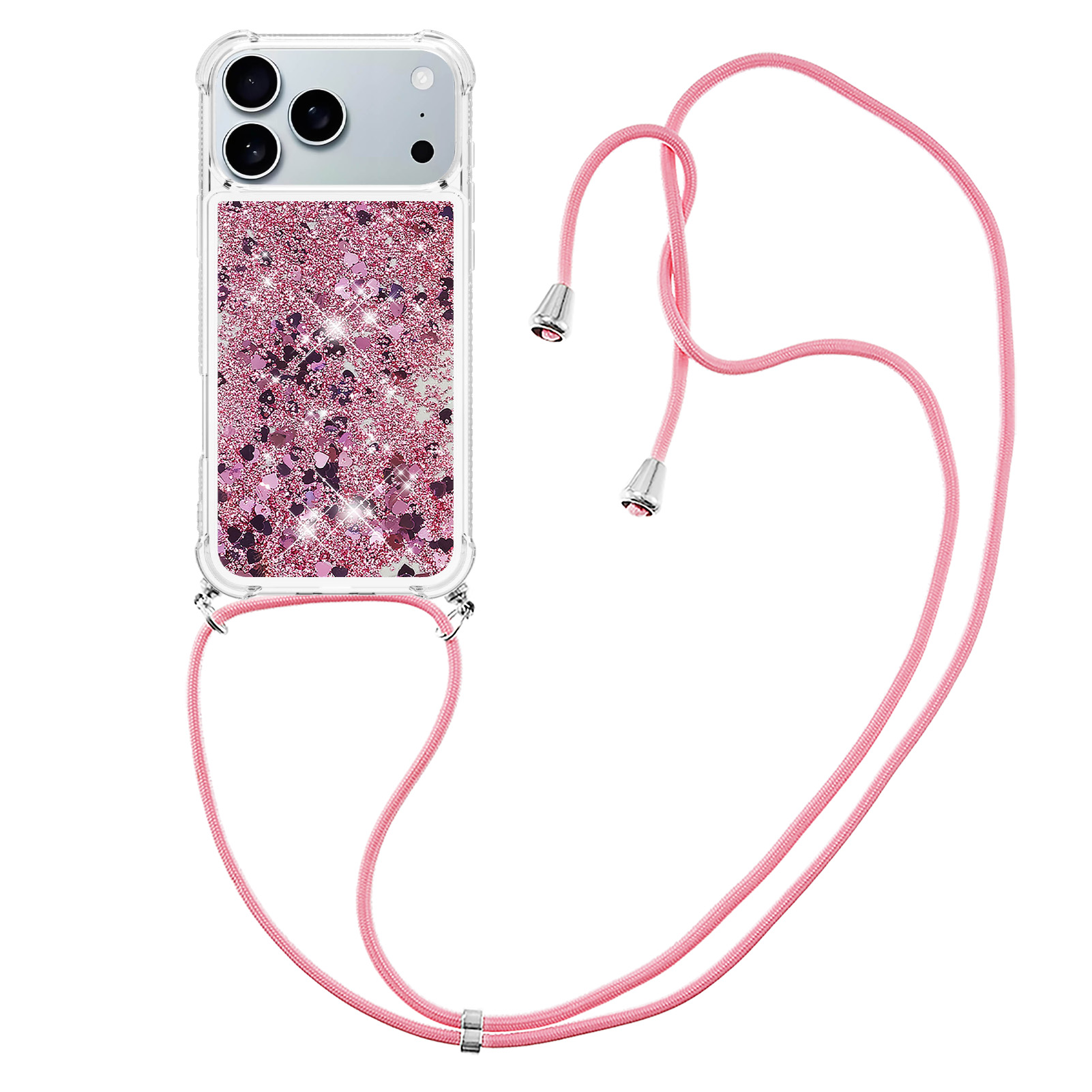 For iPhone 17 Pro TPU Case Quicksand Phone Cover with Lanyard - Rose Gold / Hearts