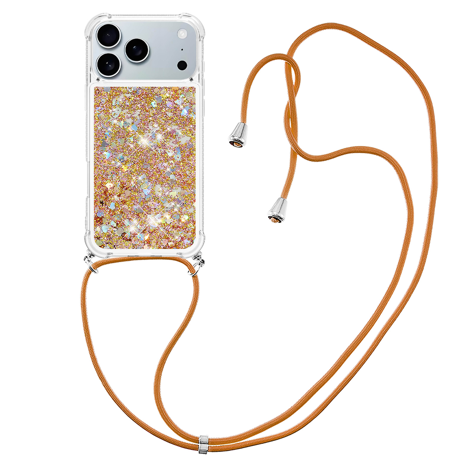 For iPhone 17 Pro TPU Case Quicksand Phone Cover with Lanyard - Gold / Hearts