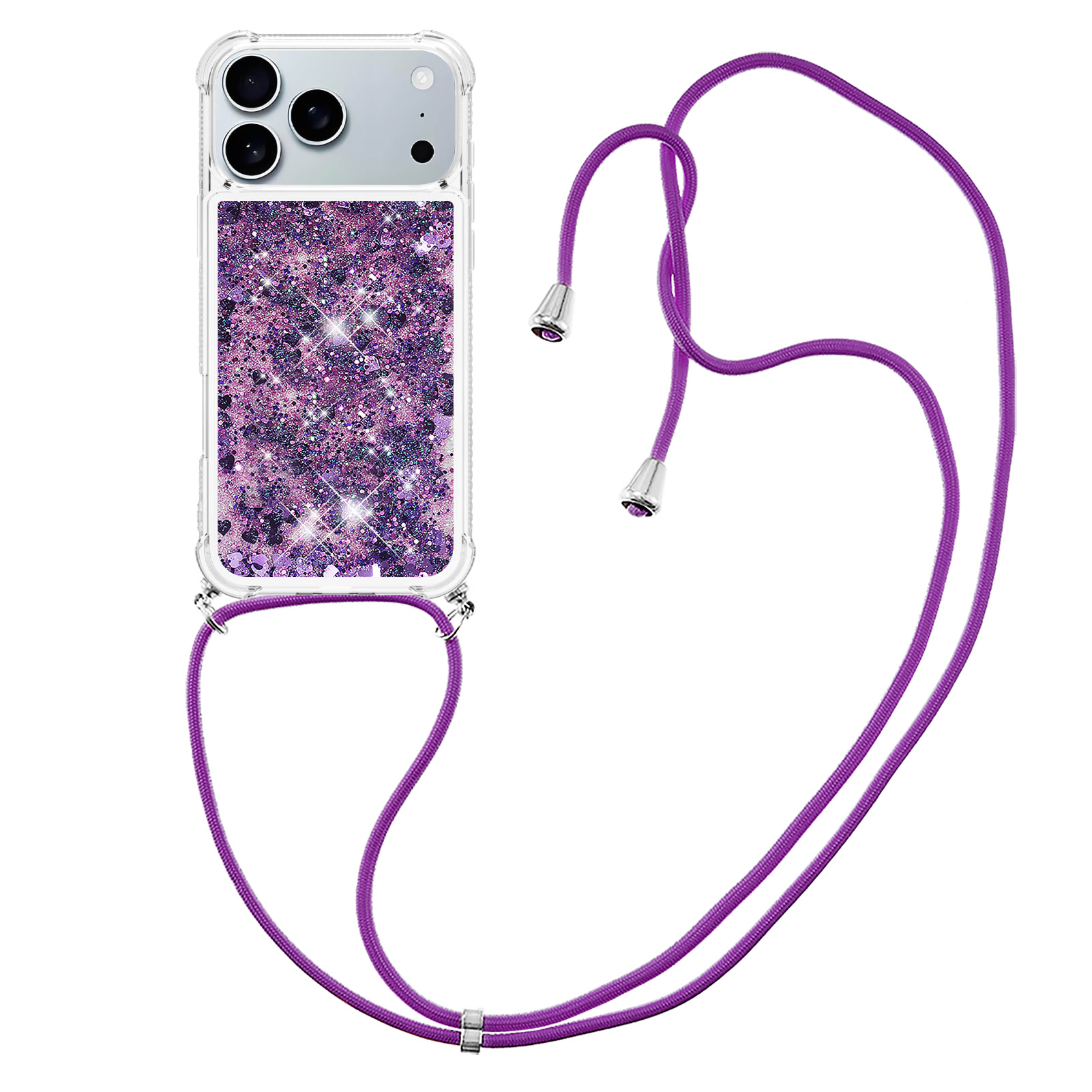 For iPhone 17 Pro TPU Case Quicksand Phone Cover with Lanyard - Dark Purple / Hearts