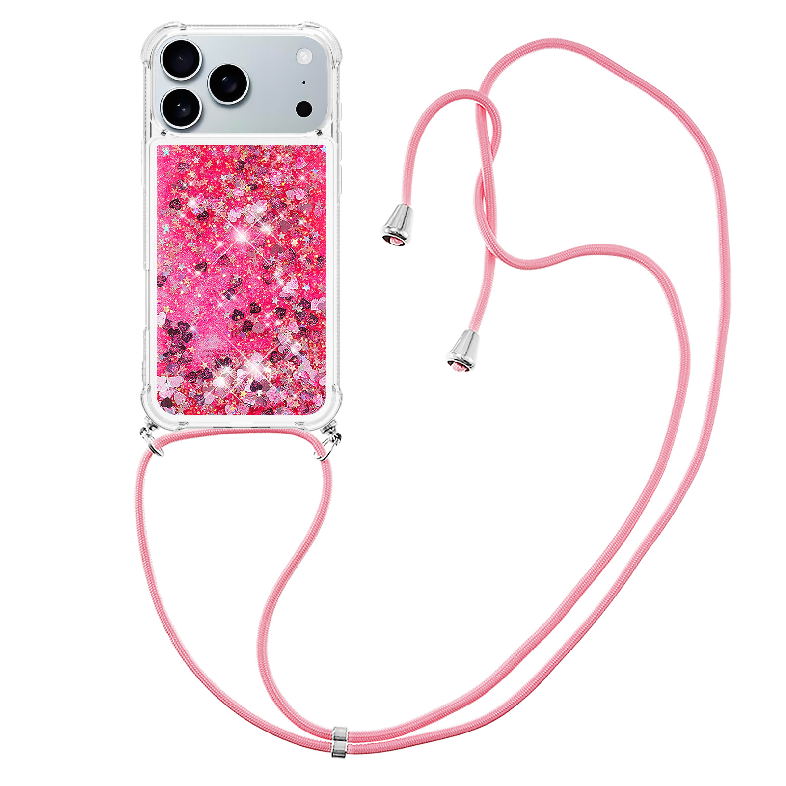 For iPhone 17 Pro TPU Case Quicksand Phone Cover with Lanyard - Pink / Hearts