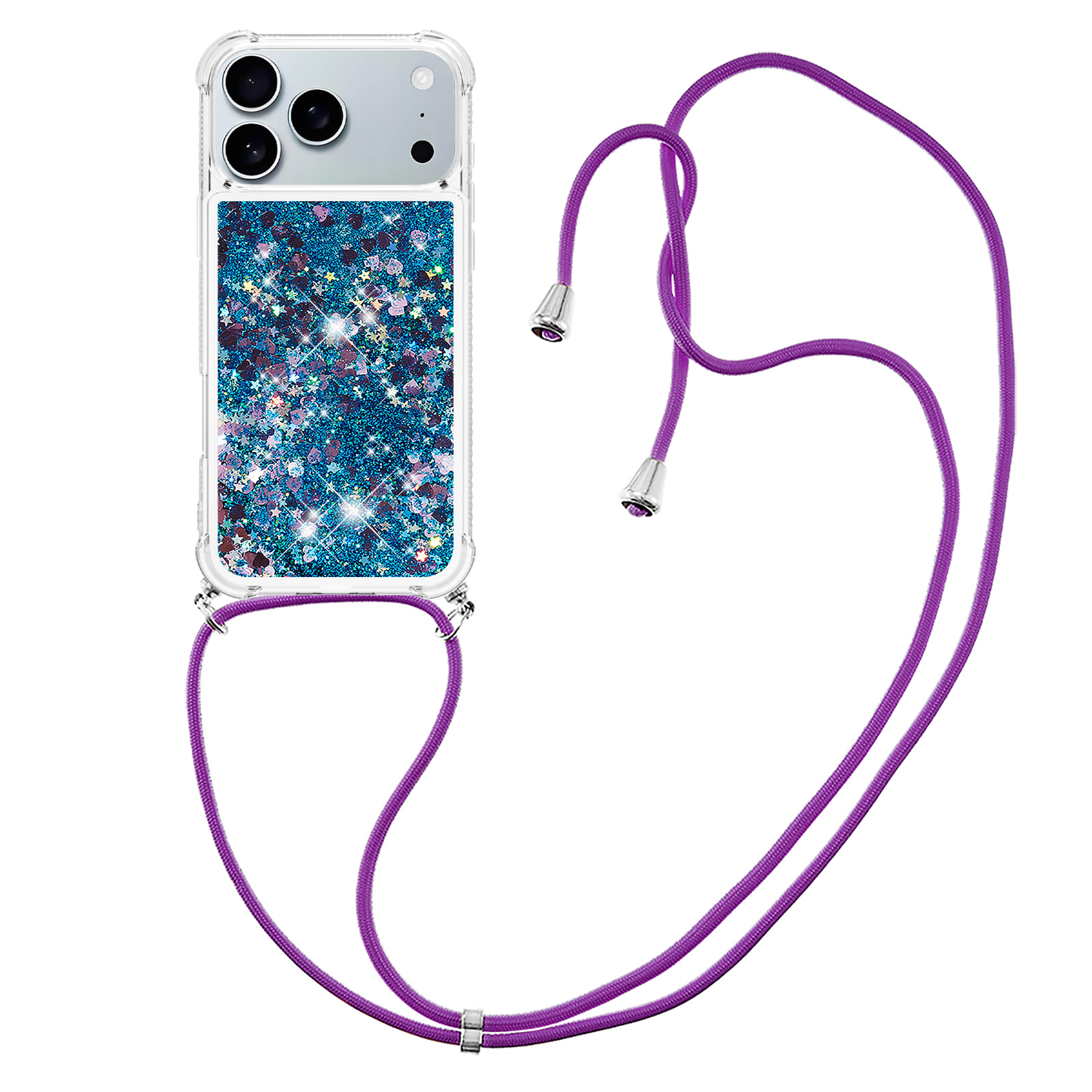 For iPhone 17 Pro TPU Case Quicksand Phone Cover with Lanyard - Blue / Hearts