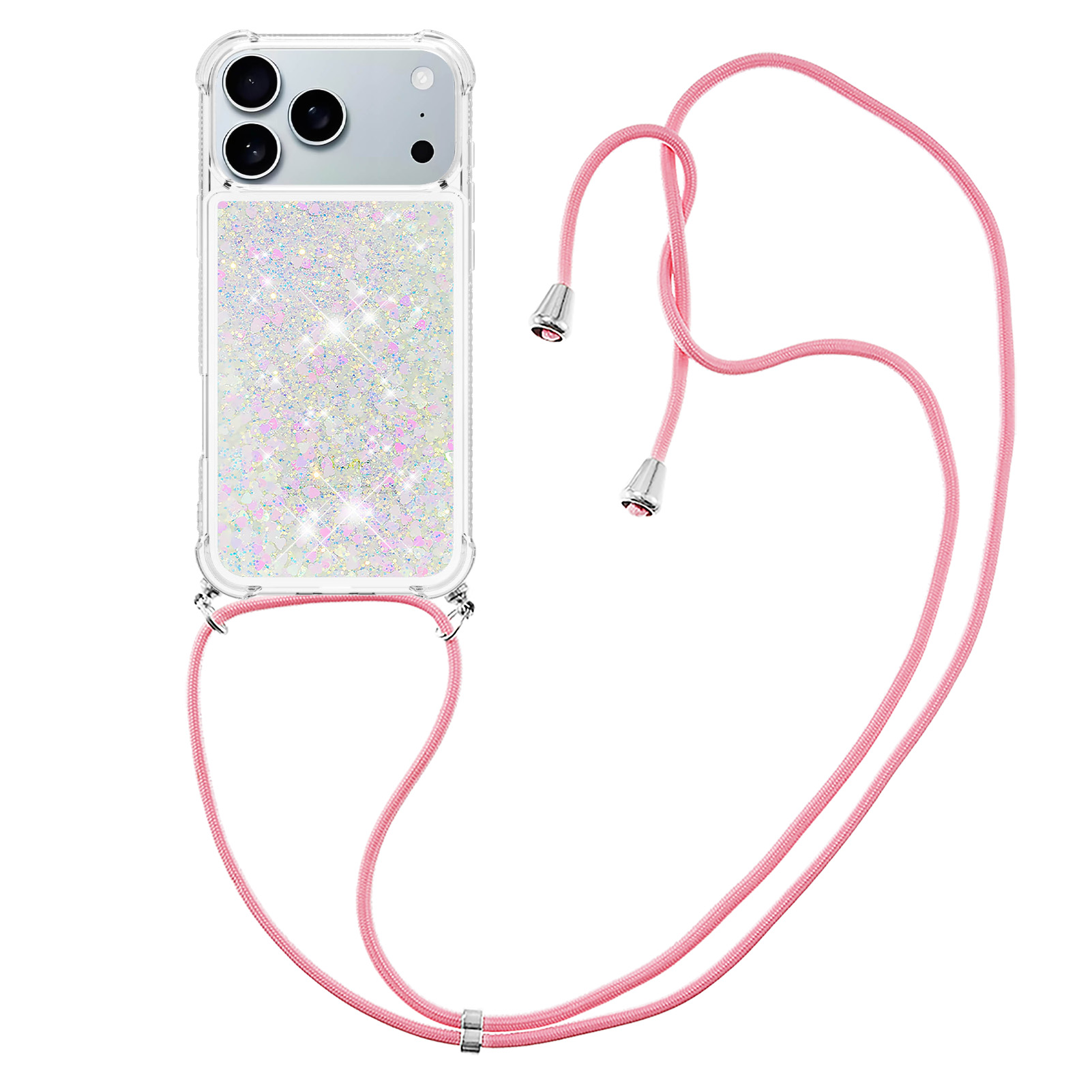 For iPhone 17 Pro TPU Case Quicksand Phone Cover with Lanyard - Laser / Hearts