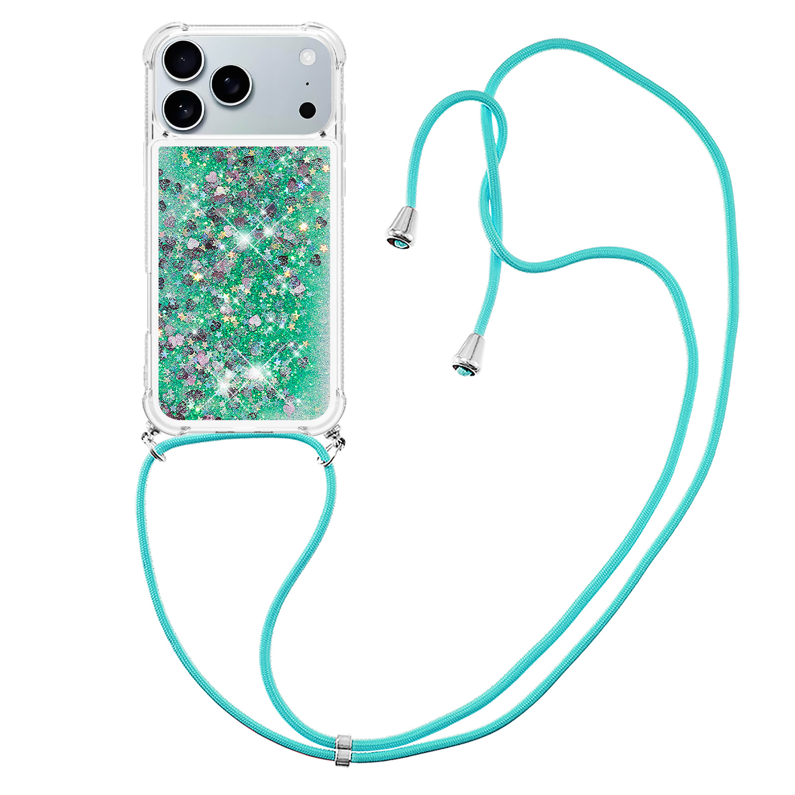 For iPhone 17 Pro TPU Case Quicksand Phone Cover with Lanyard - Green / Hearts