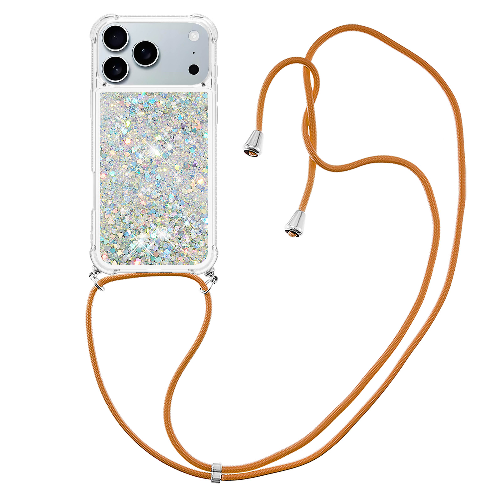 For iPhone 17 Pro TPU Case Quicksand Phone Cover with Lanyard - Silver / Hearts