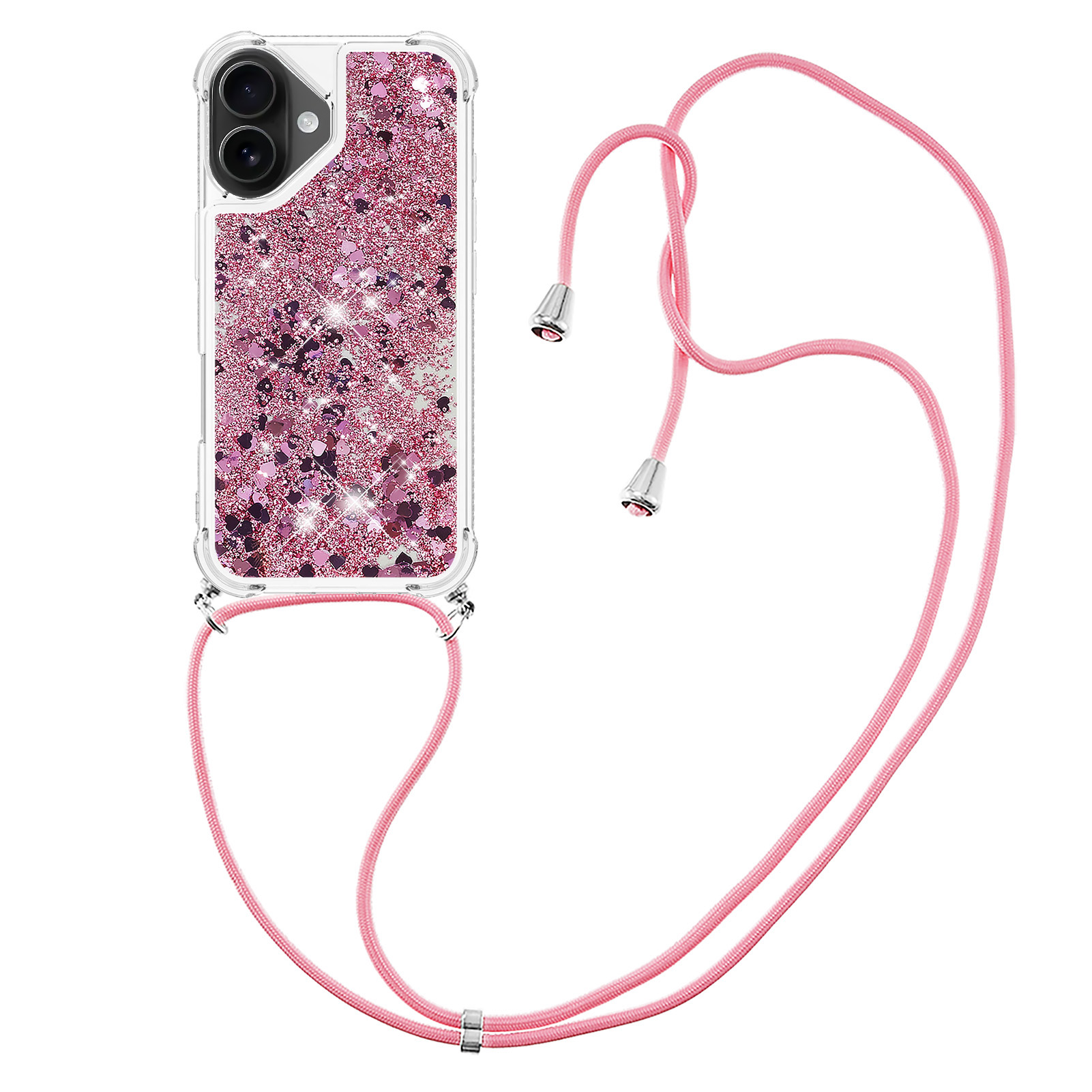 For iPhone 17 TPU Case Quicksand Phone Cover with Lanyard - Rose Gold / Hearts