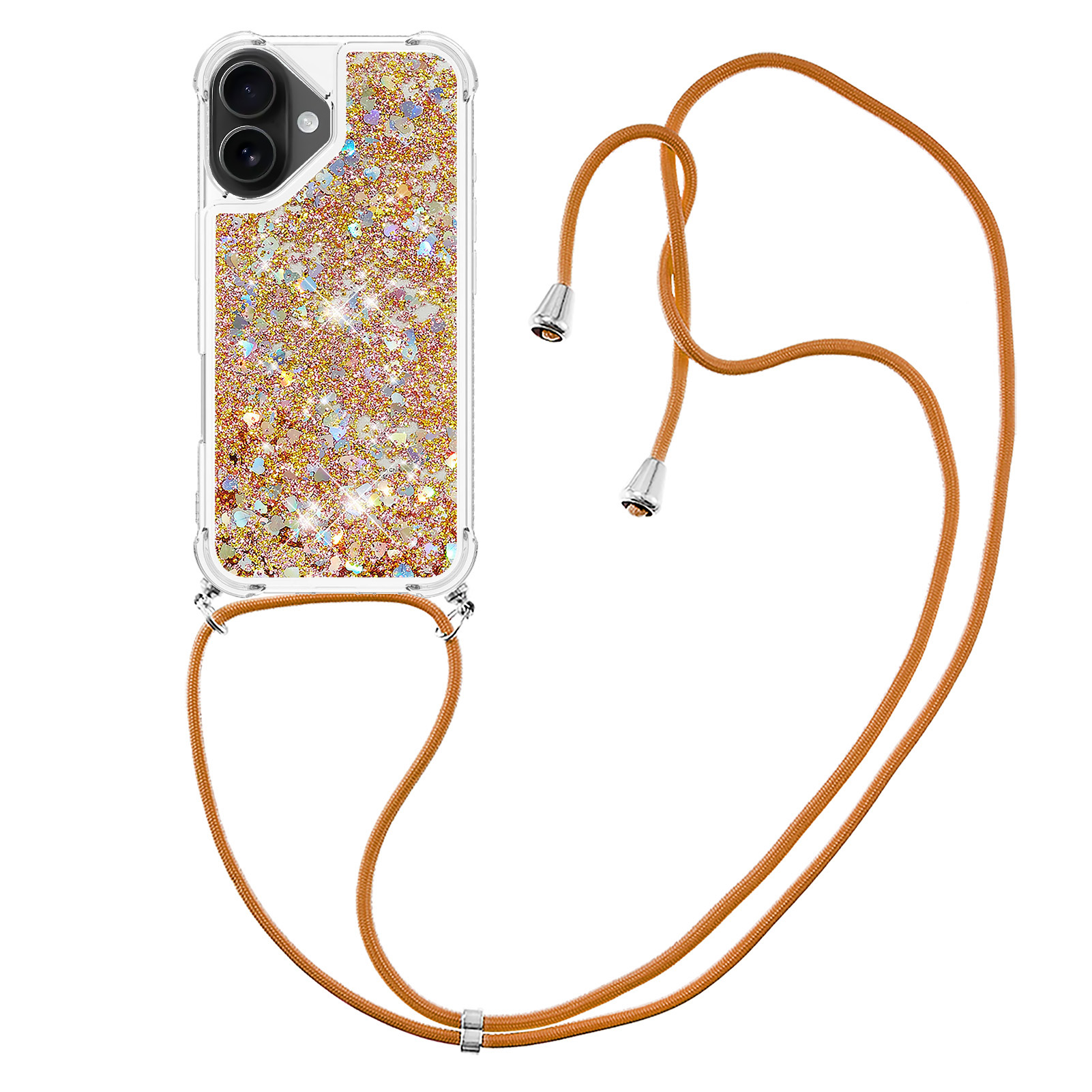 For iPhone 17 TPU Case Quicksand Phone Cover with Lanyard - Gold / Hearts