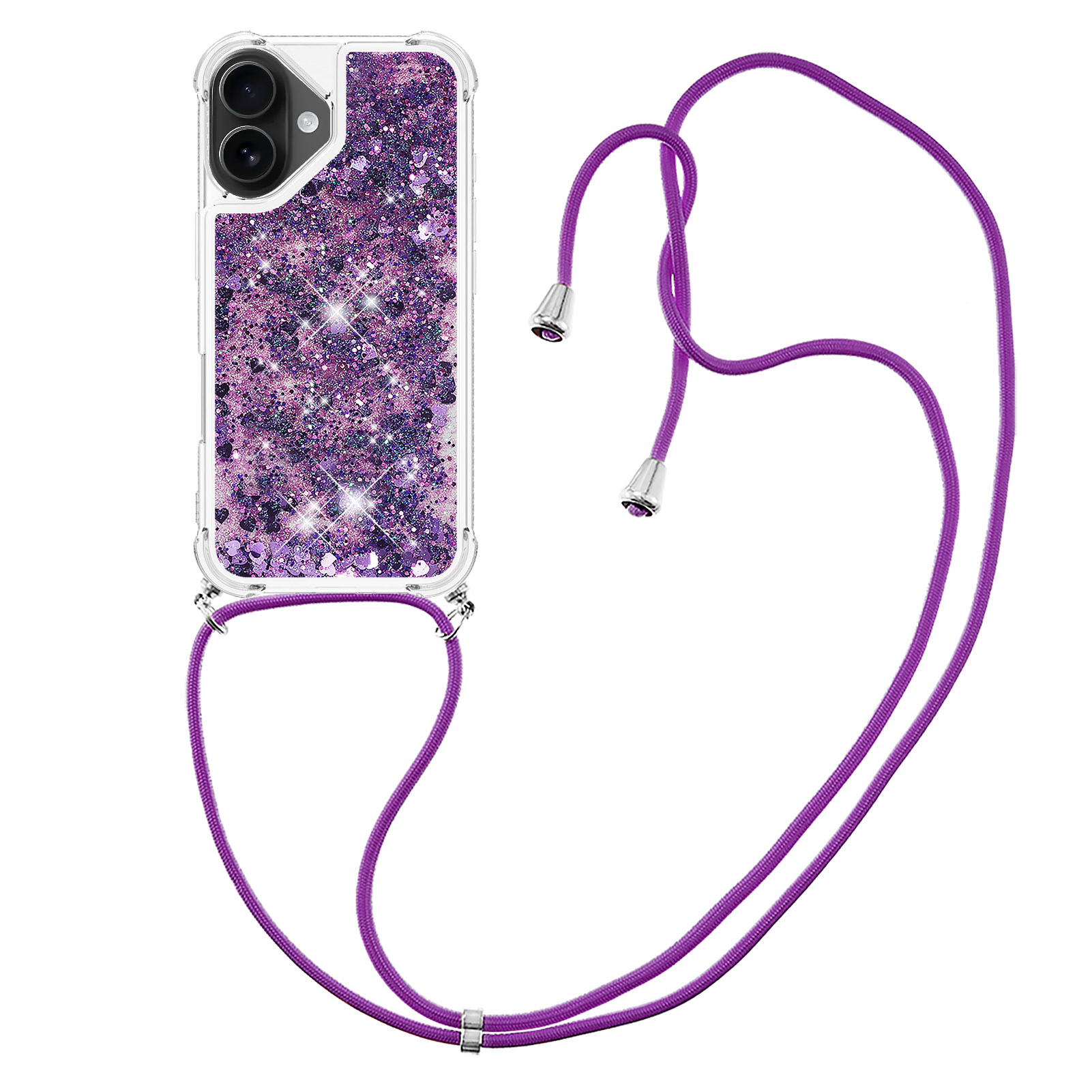 For iPhone 17 TPU Case Quicksand Phone Cover with Lanyard - Dark Purple / Hearts