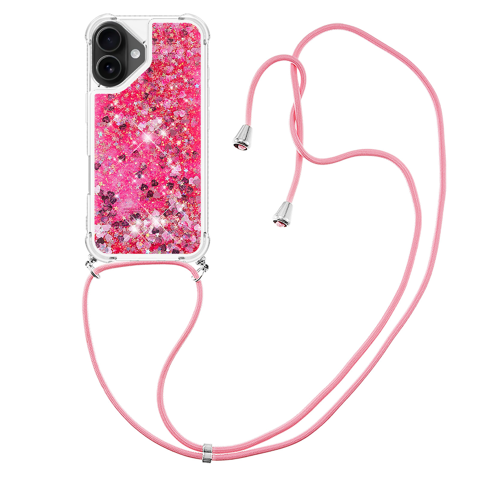 For iPhone 17 TPU Case Quicksand Phone Cover with Lanyard - Pink / Hearts