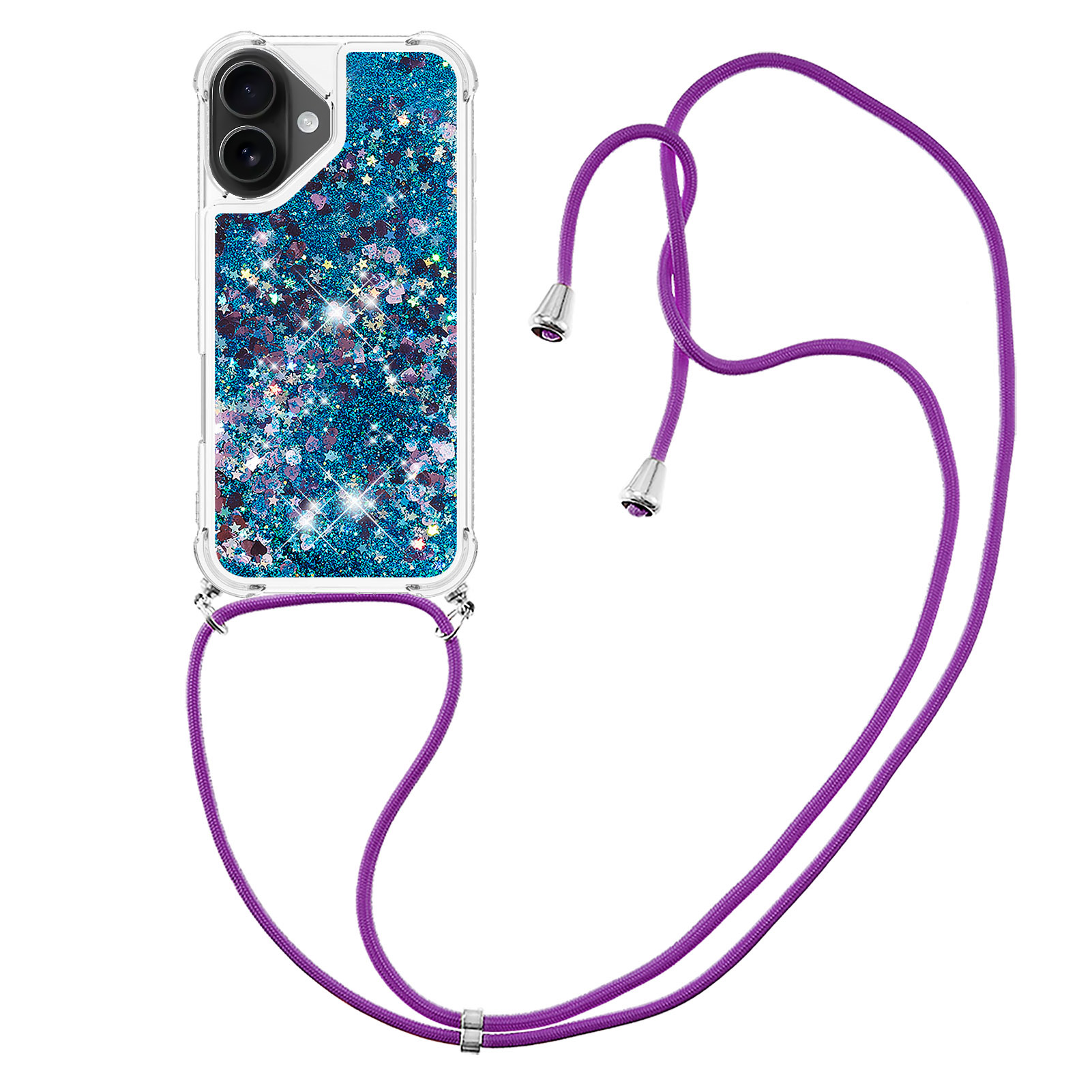 For iPhone 17 TPU Case Quicksand Phone Cover with Lanyard - Blue / Hearts