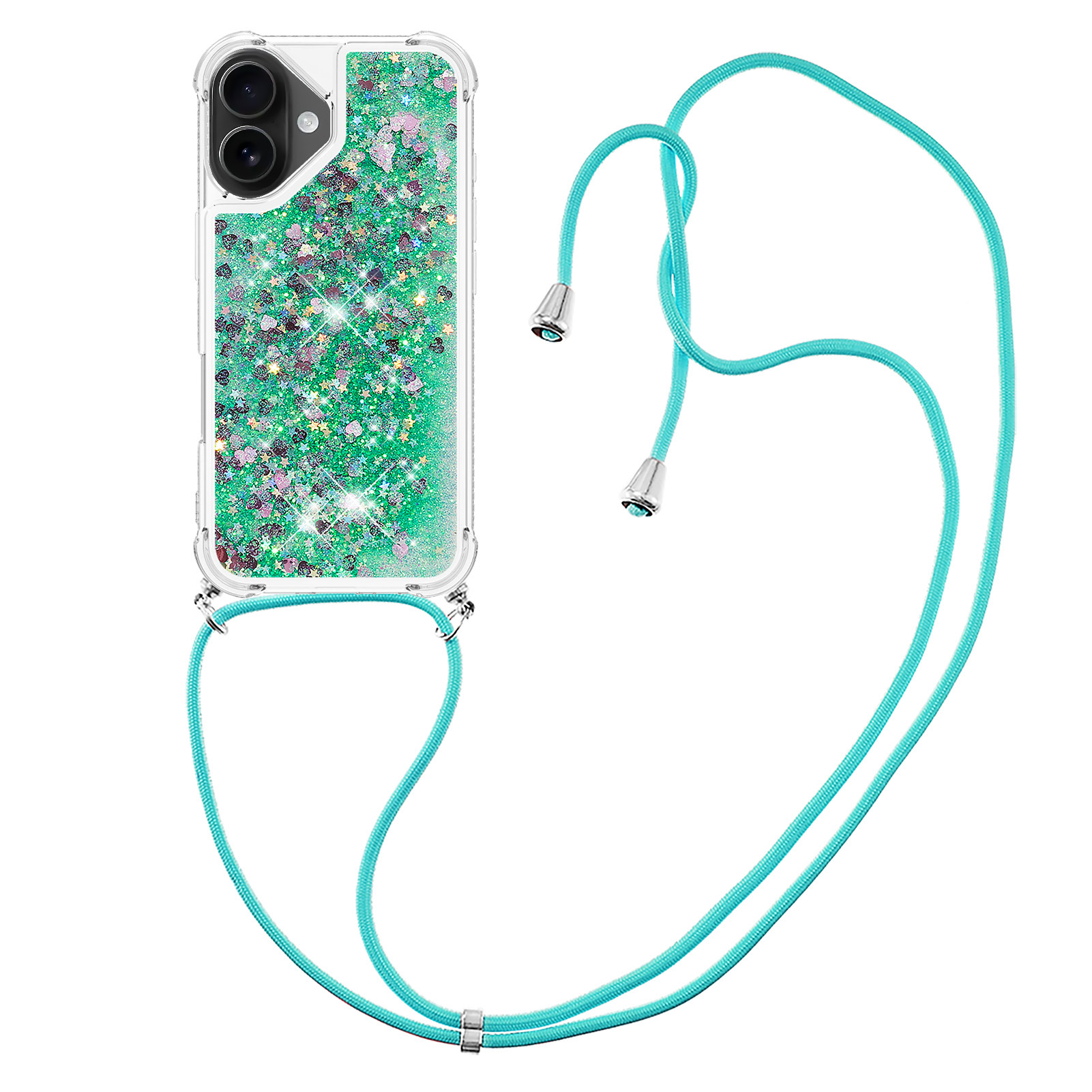 For iPhone 17 TPU Case Quicksand Phone Cover with Lanyard - Green / Hearts