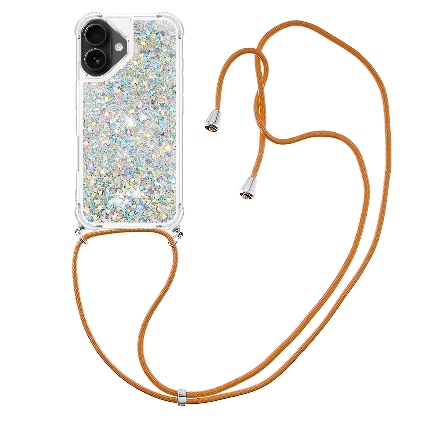 For iPhone 17 TPU Case Quicksand Phone Cover with Lanyard - Silver / Hearts