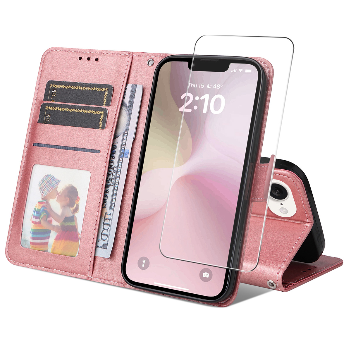 For iPhone 16e PU Leather Wallet Case ENKAY HAT PRINCE Phone Stand Cover with Tempered Glass - Pink