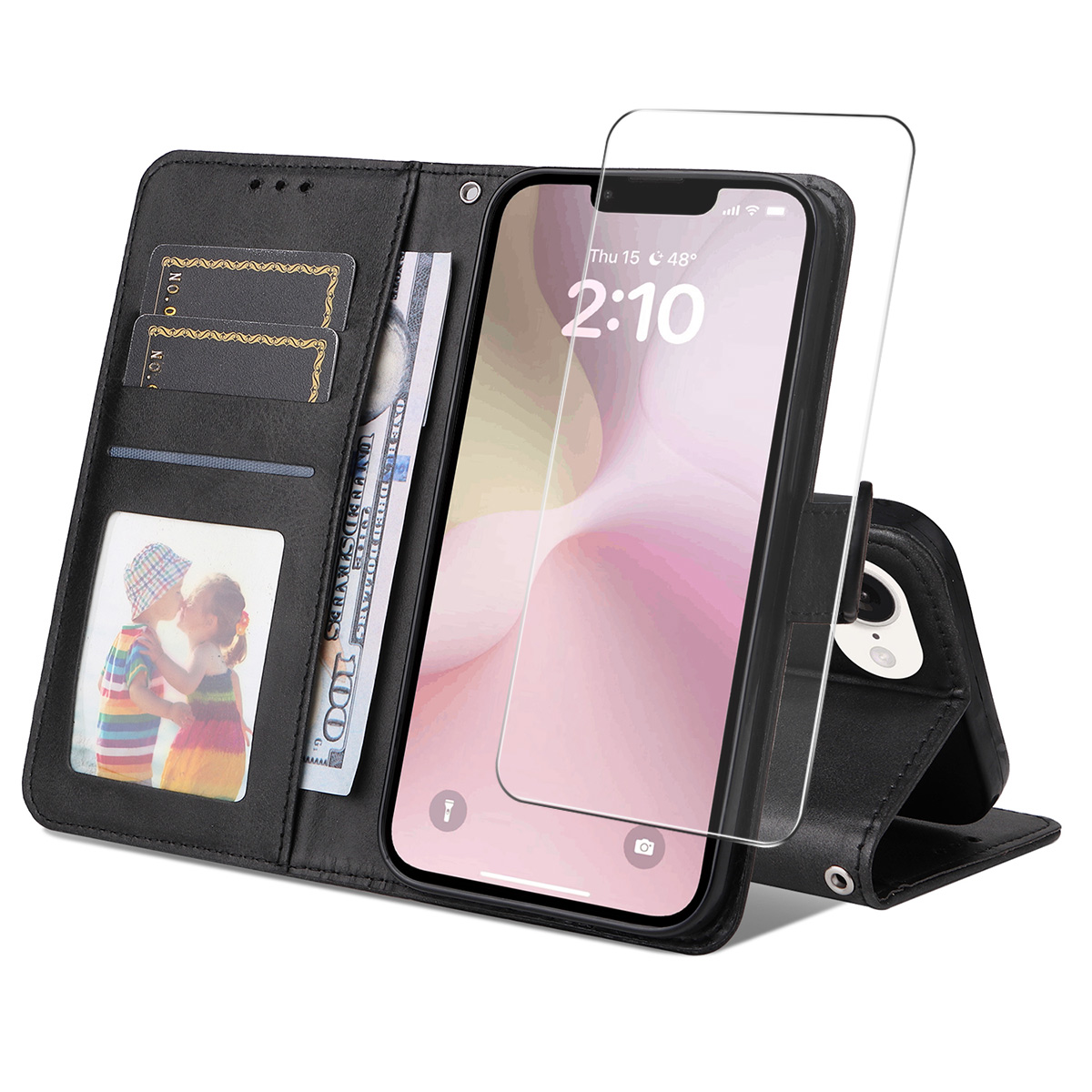 For iPhone 16e PU Leather Wallet Case ENKAY HAT PRINCE Phone Stand Cover with Tempered Glass - Black