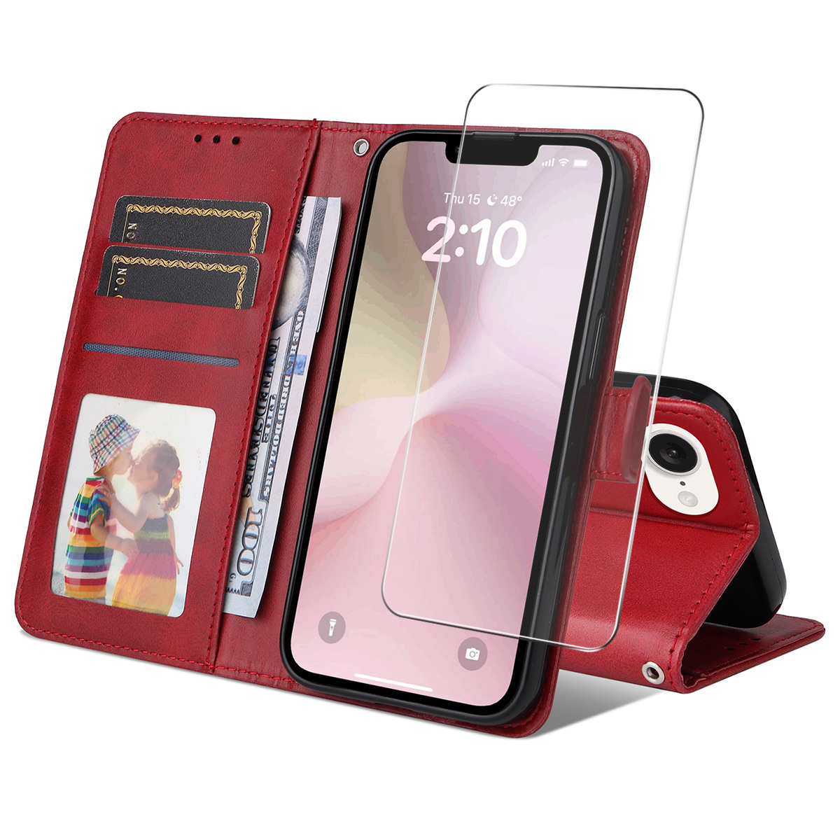 For iPhone 16e PU Leather Wallet Case ENKAY HAT PRINCE Phone Stand Cover with Tempered Glass - Red