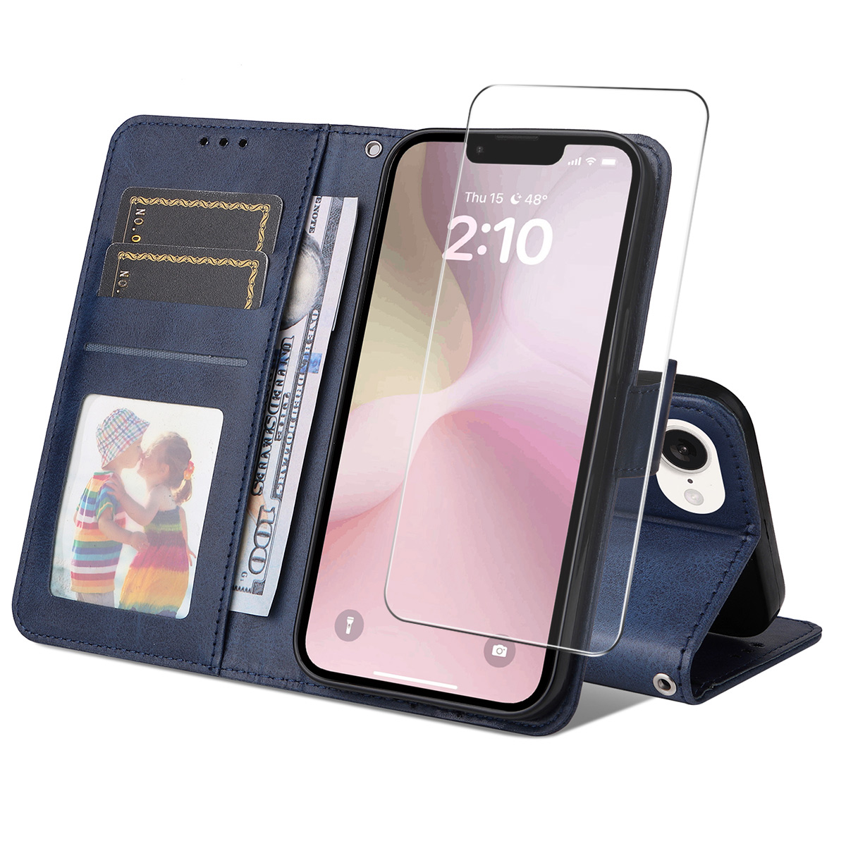 For iPhone 16e PU Leather Wallet Case ENKAY HAT PRINCE Phone Stand Cover with Tempered Glass - Blue