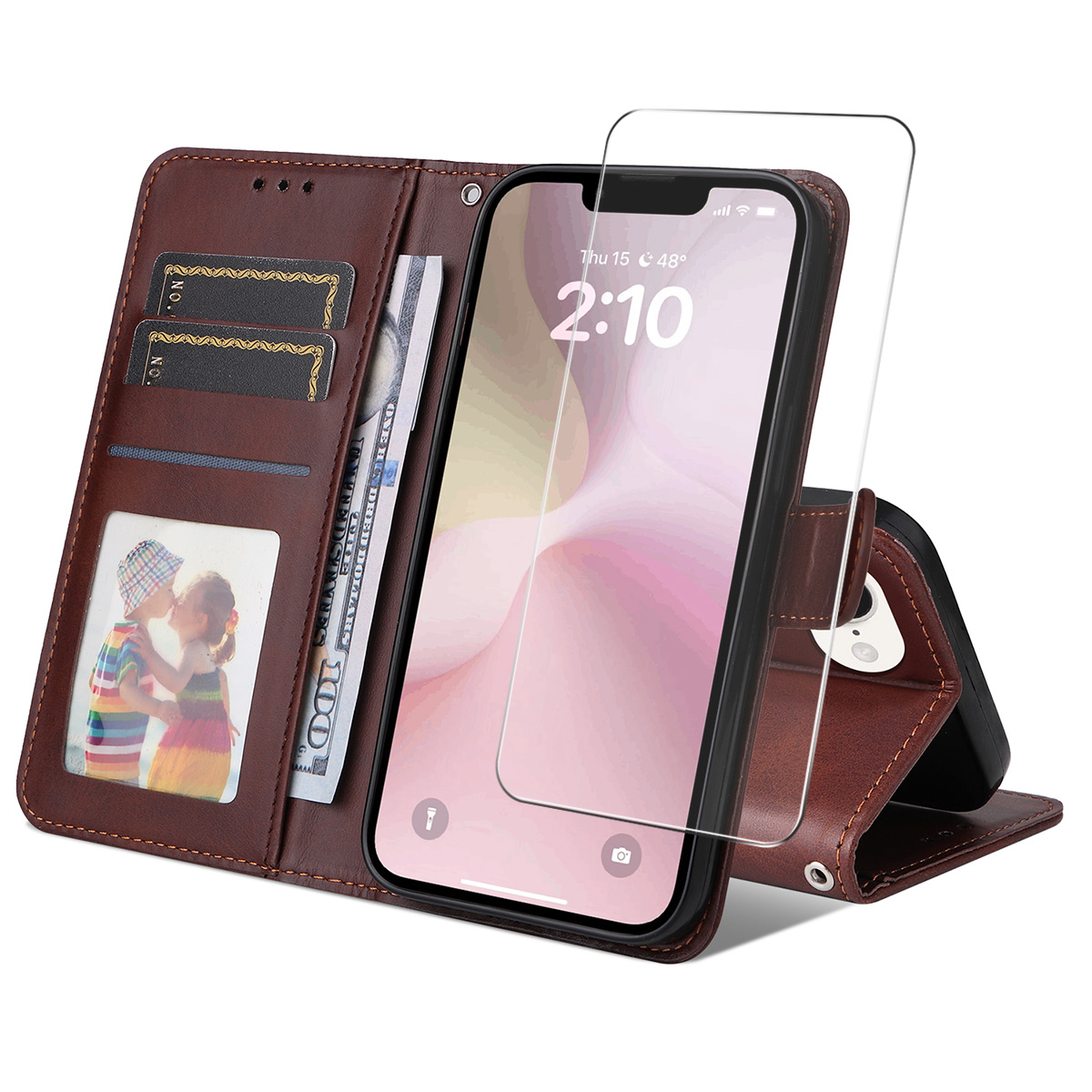 For iPhone 16e PU Leather Wallet Case ENKAY HAT PRINCE Phone Stand Cover with Tempered Glass - Brown