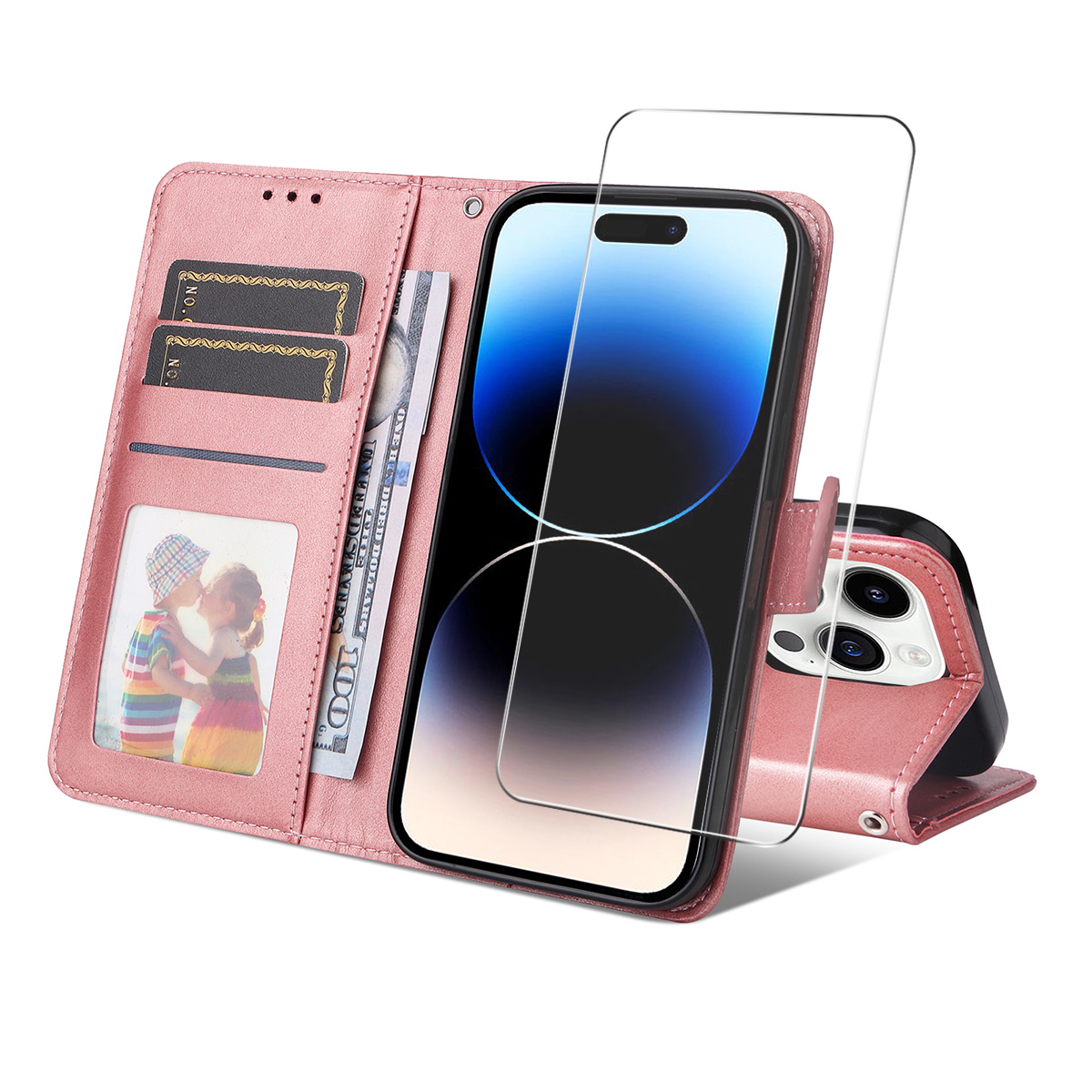 For iPhone 16 Pro Max PU Leather Wallet Case ENKAY HAT PRINCE Phone Stand Cover with Tempered Glass - Pink