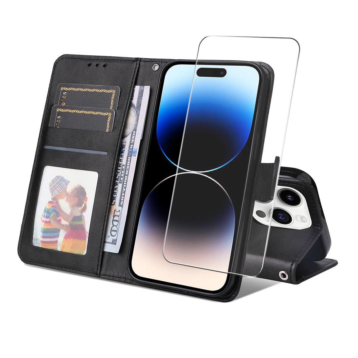 For iPhone 16 Pro Max PU Leather Wallet Case ENKAY HAT PRINCE Phone Stand Cover with Tempered Glass - Black