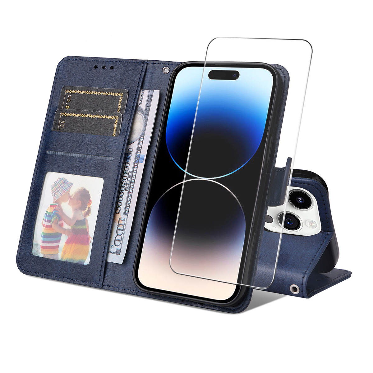 For iPhone 16 Pro PU Leather Wallet Case ENKAY HAT PRINCE Phone Stand Cover with Tempered Glass - Blue