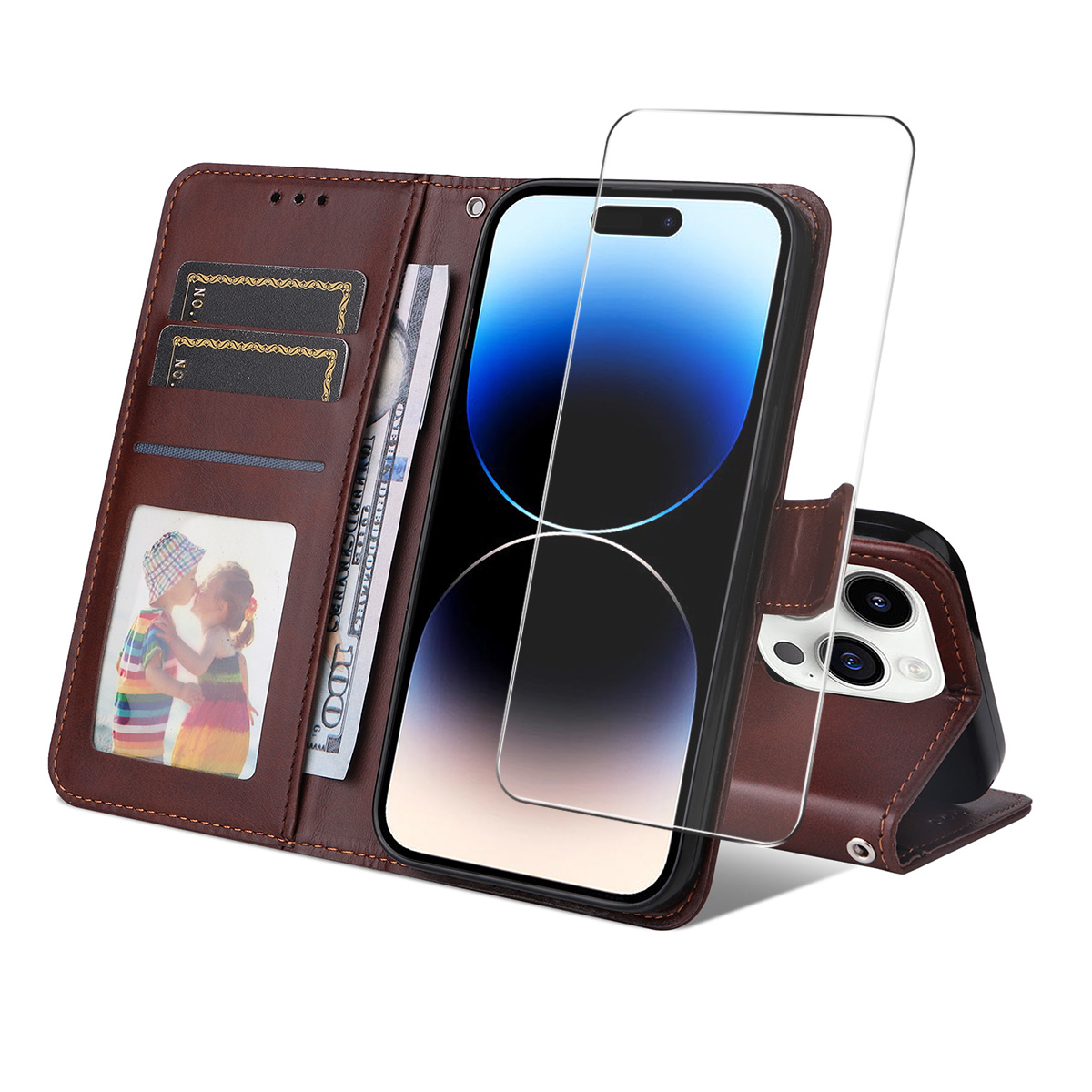 For iPhone 16 Pro PU Leather Wallet Case ENKAY HAT PRINCE Phone Stand Cover with Tempered Glass - Brown