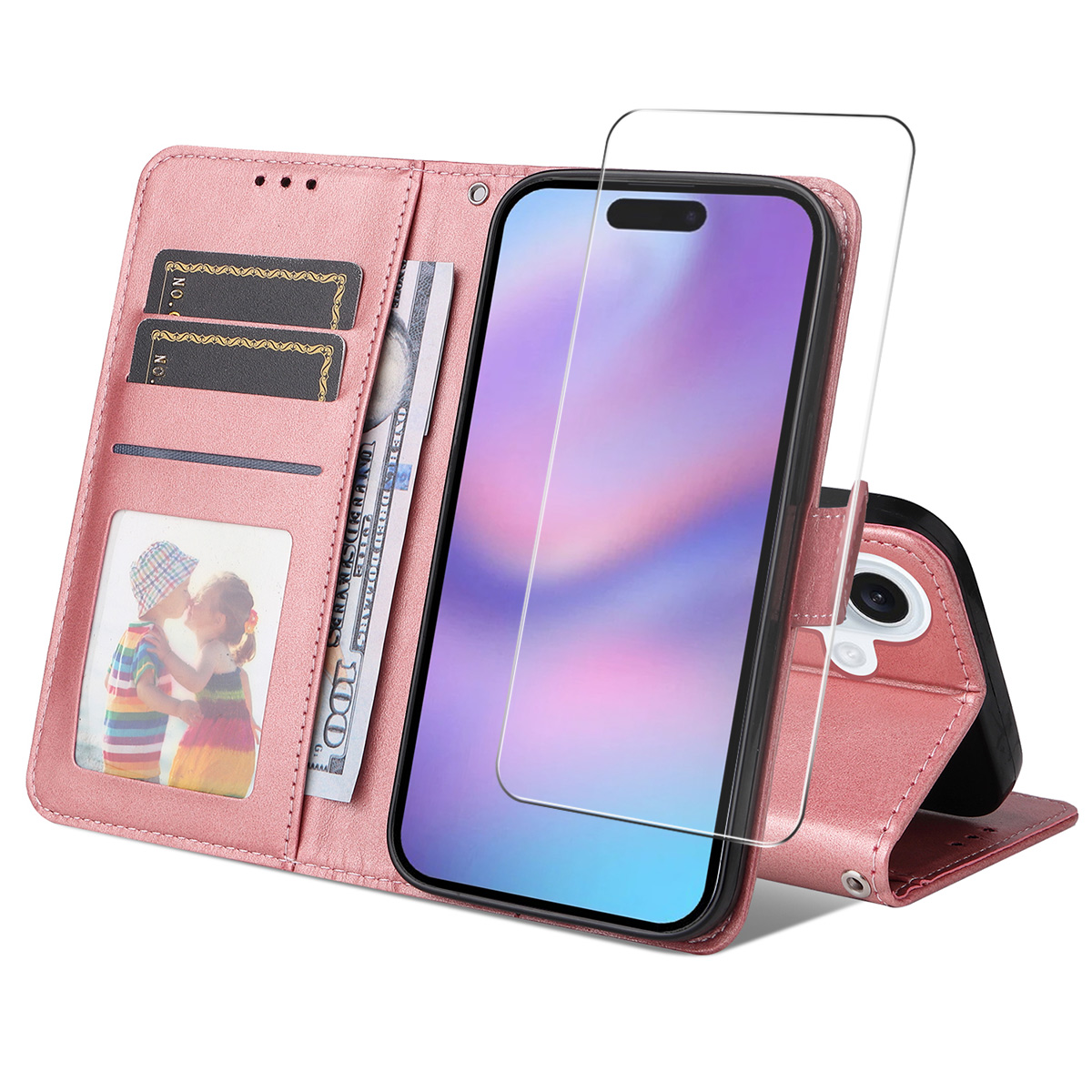 For iPhone 16 Plus PU Leather Wallet Case ENKAY HAT PRINCE Phone Stand Cover with Tempered Glass - Pink