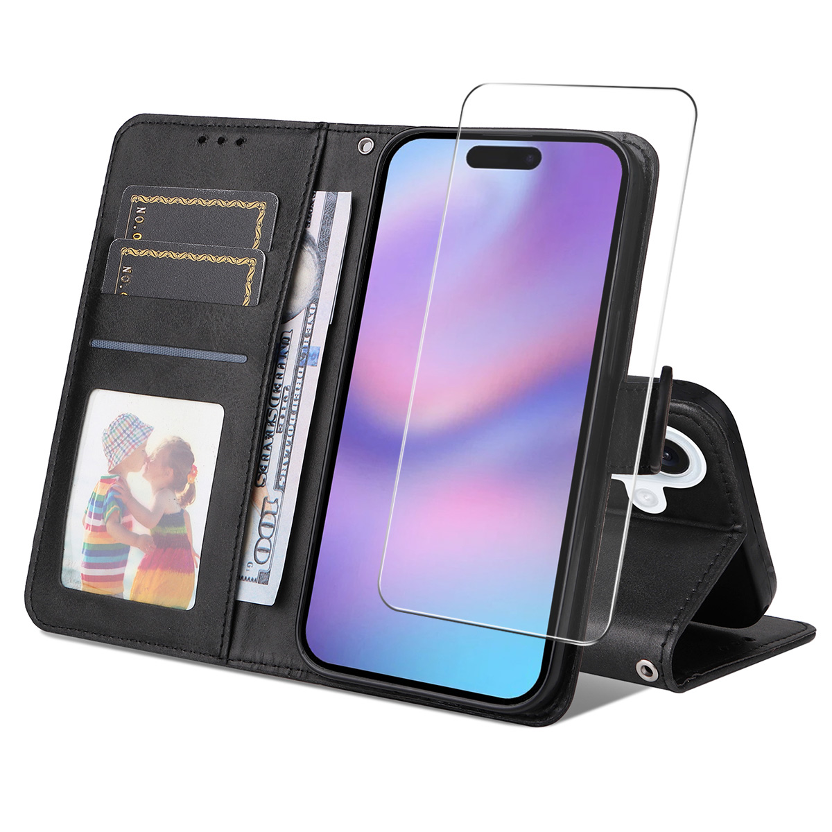 For iPhone 16 Plus PU Leather Wallet Case ENKAY HAT PRINCE Phone Stand Cover with Tempered Glass - Black
