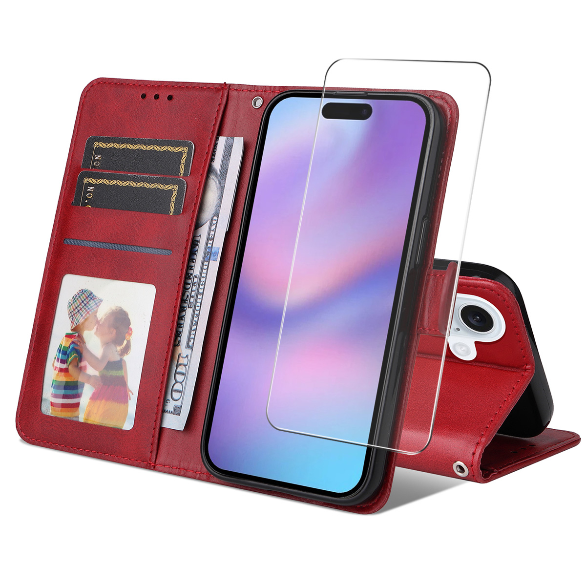 For iPhone 16 PU Leather Wallet Case ENKAY HAT PRINCE Phone Stand Cover with Tempered Glass - Red