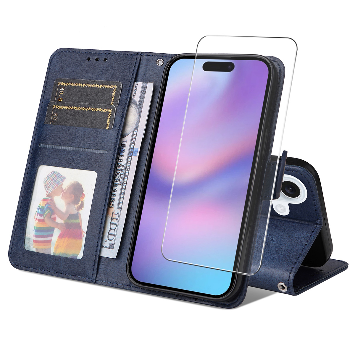 For iPhone 16 PU Leather Wallet Case ENKAY HAT PRINCE Phone Stand Cover with Tempered Glass - Blue