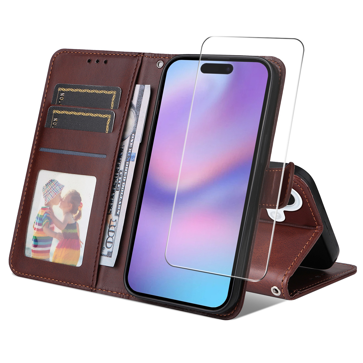 For iPhone 16 PU Leather Wallet Case ENKAY HAT PRINCE Phone Stand Cover with Tempered Glass - Brown