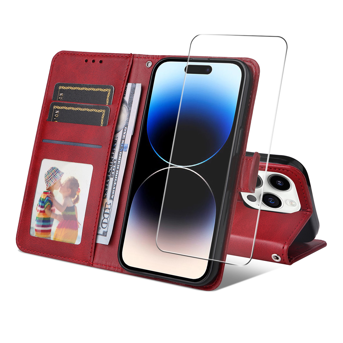 For iPhone 15 Pro Max PU Leather Wallet Case ENKAY HAT PRINCE Phone Stand Cover with Tempered Glass - Red