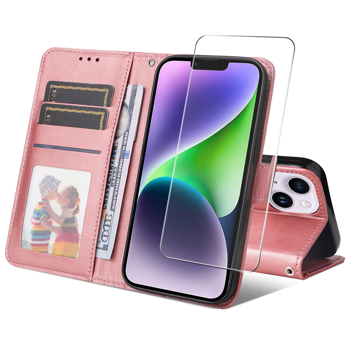 For iPhone 15 Plus PU Leather Wallet Case ENKAY HAT PRINCE Phone Stand Cover with Tempered Glass - Pink