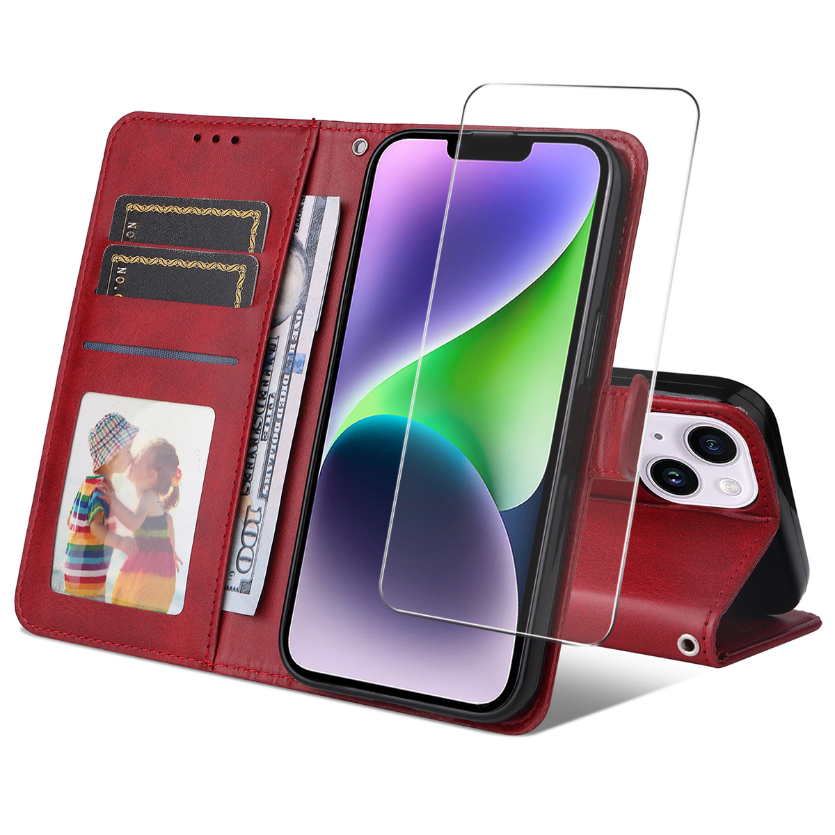 For iPhone 15 PU Leather Wallet Case ENKAY HAT PRINCE Phone Stand Cover with Tempered Glass - Red