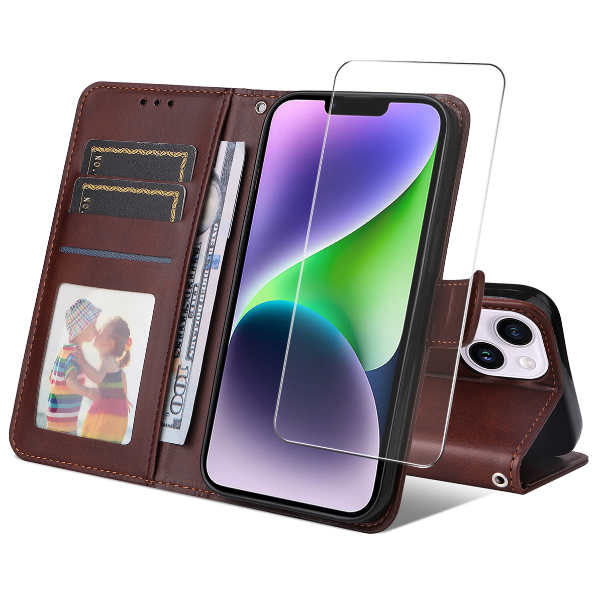 For iPhone 15 PU Leather Wallet Case ENKAY HAT PRINCE Phone Stand Cover with Tempered Glass - Brown
