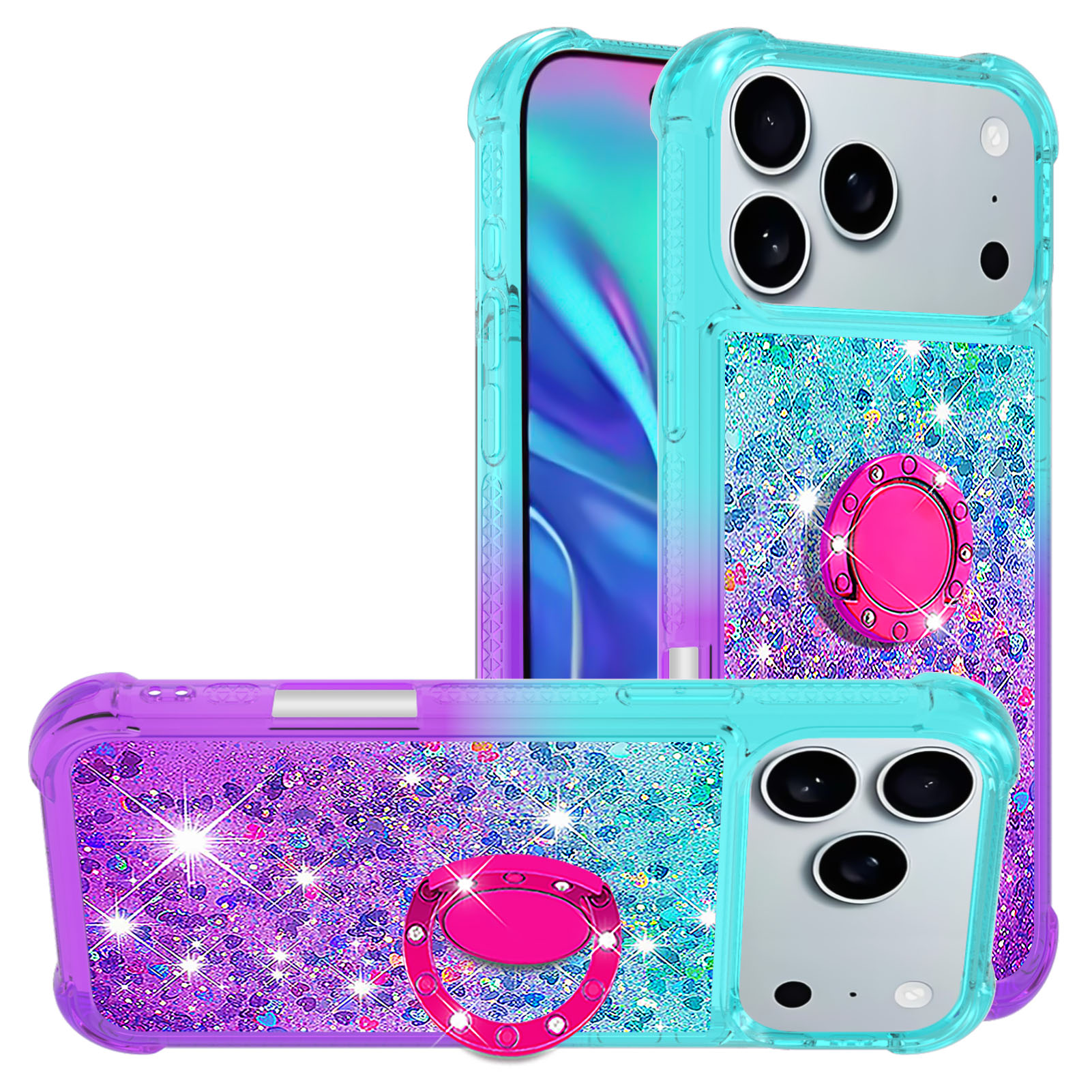 For iPhone 17 Pro Max TPU Case with Kickstand Gradiant Quicksand Shockproof Cover - Sky Blue+Purple