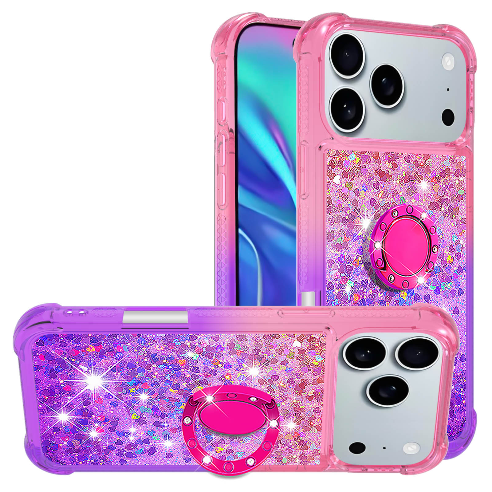 For iPhone 17 Pro Max TPU Case with Kickstand Gradiant Quicksand Shockproof Cover - Pink+Purple