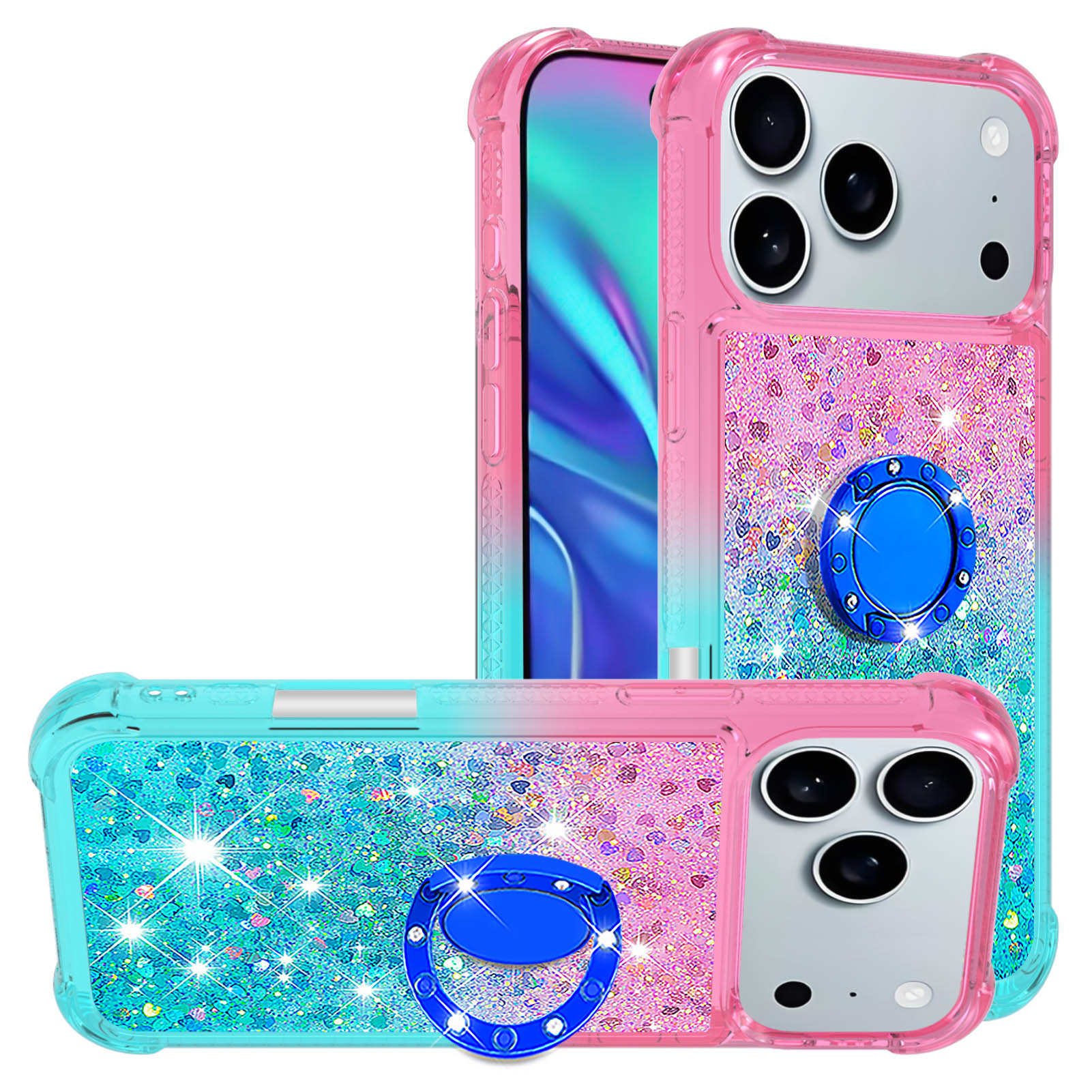 For iPhone 17 Pro TPU Case with Kickstand Gradiant Quicksand Shockproof Cover - Pink+Sky Blue