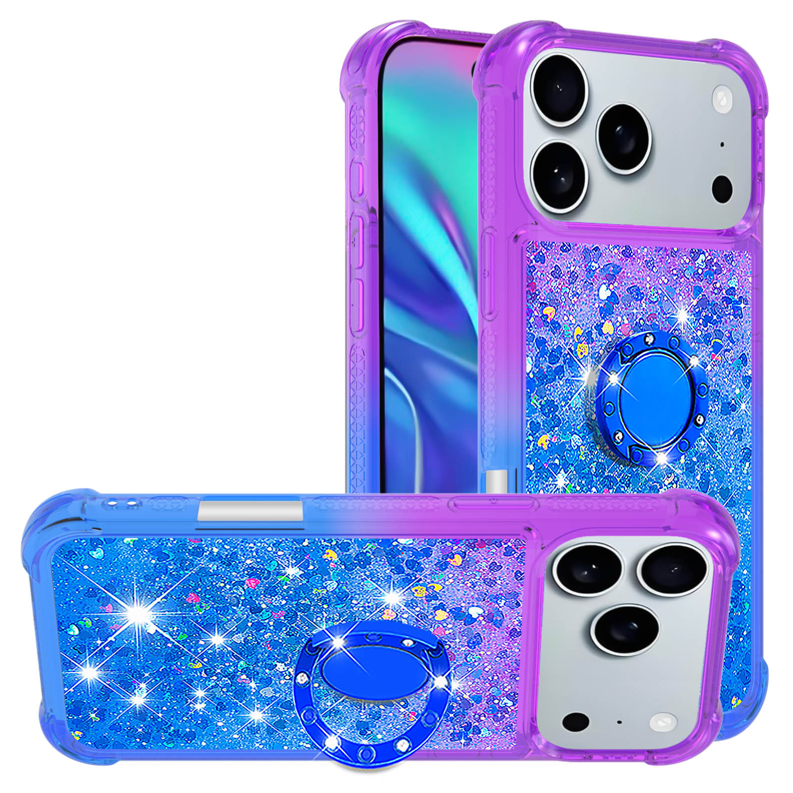 For iPhone 17 Pro TPU Case with Kickstand Gradiant Quicksand Shockproof Cover - Purple+Sky Blue