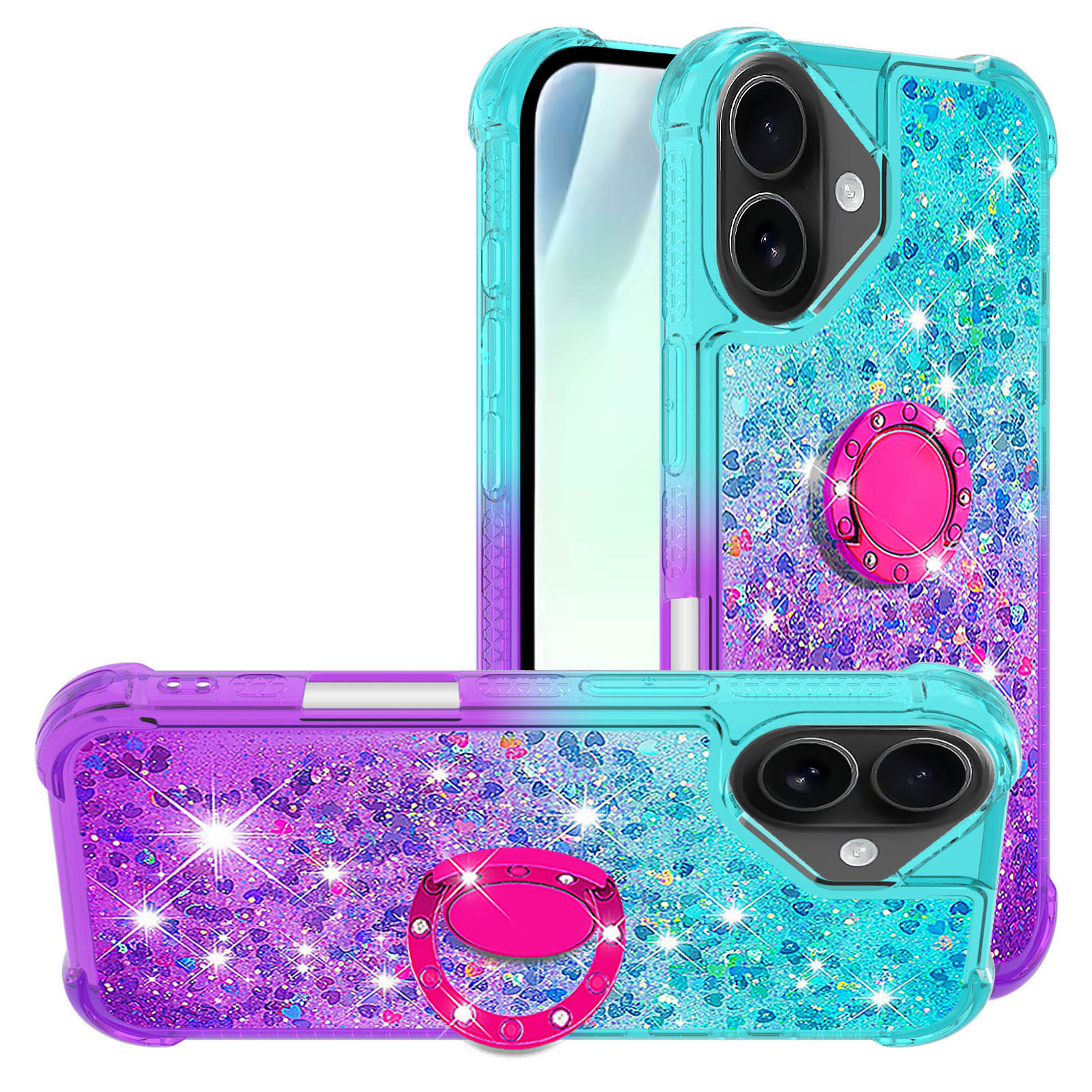 For iPhone 17 TPU Case with Kickstand Gradiant Quicksand Shockproof Cover - Sky Blue+Purple