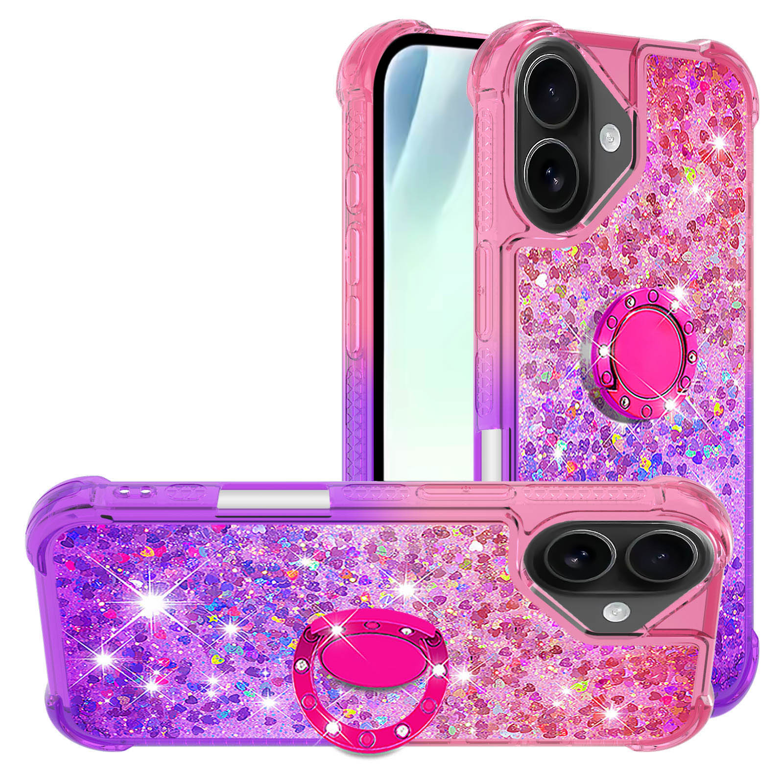 For iPhone 17 TPU Case with Kickstand Gradiant Quicksand Shockproof Cover - Pink+Purple