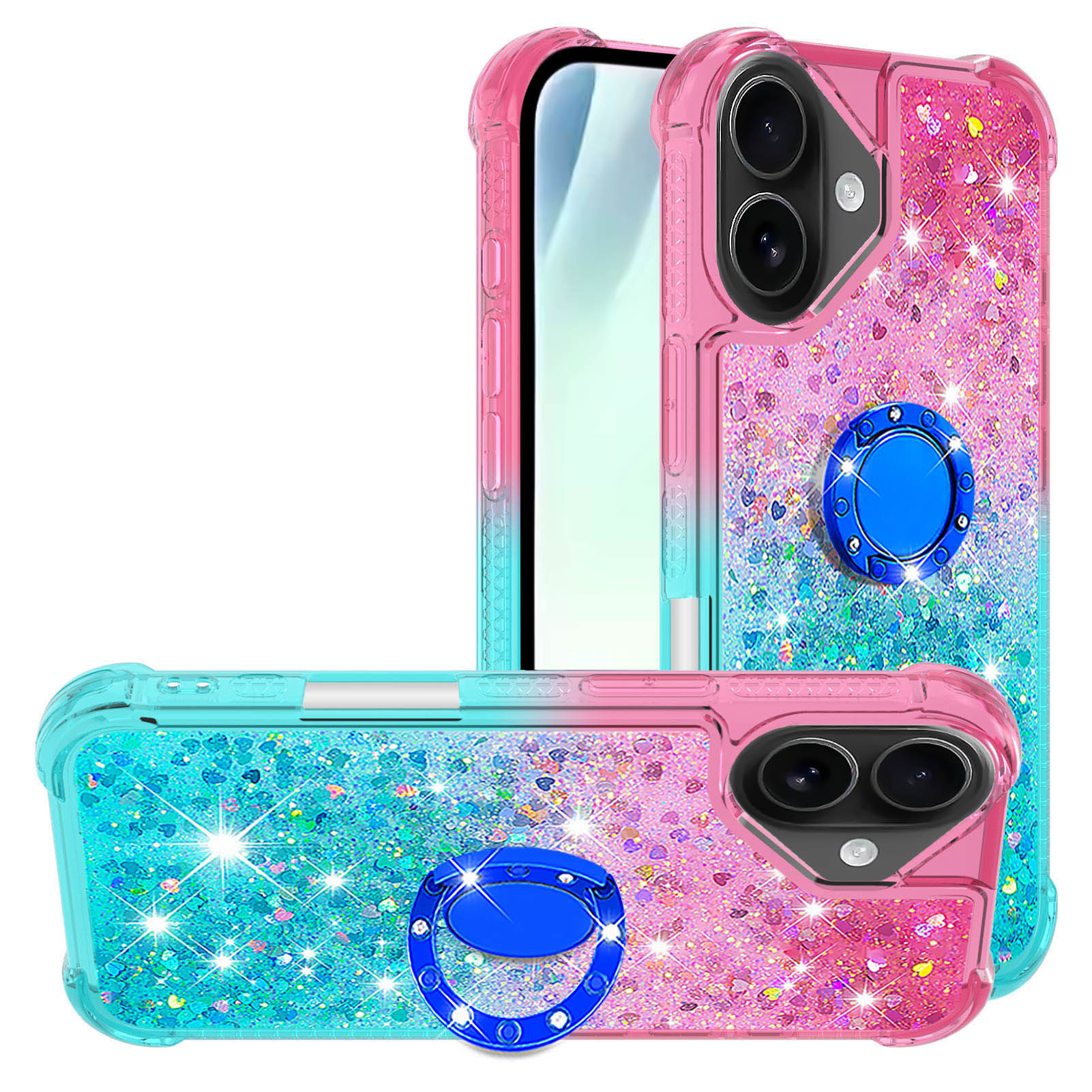 For iPhone 17 TPU Case with Kickstand Gradiant Quicksand Shockproof Cover - Pink+Sky Blue