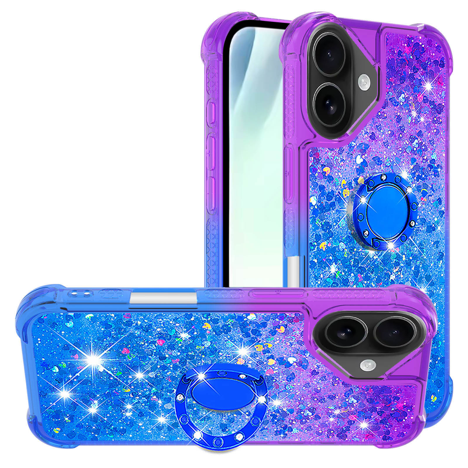 For iPhone 17 TPU Case with Kickstand Gradiant Quicksand Shockproof Cover - Purple+Sky Blue