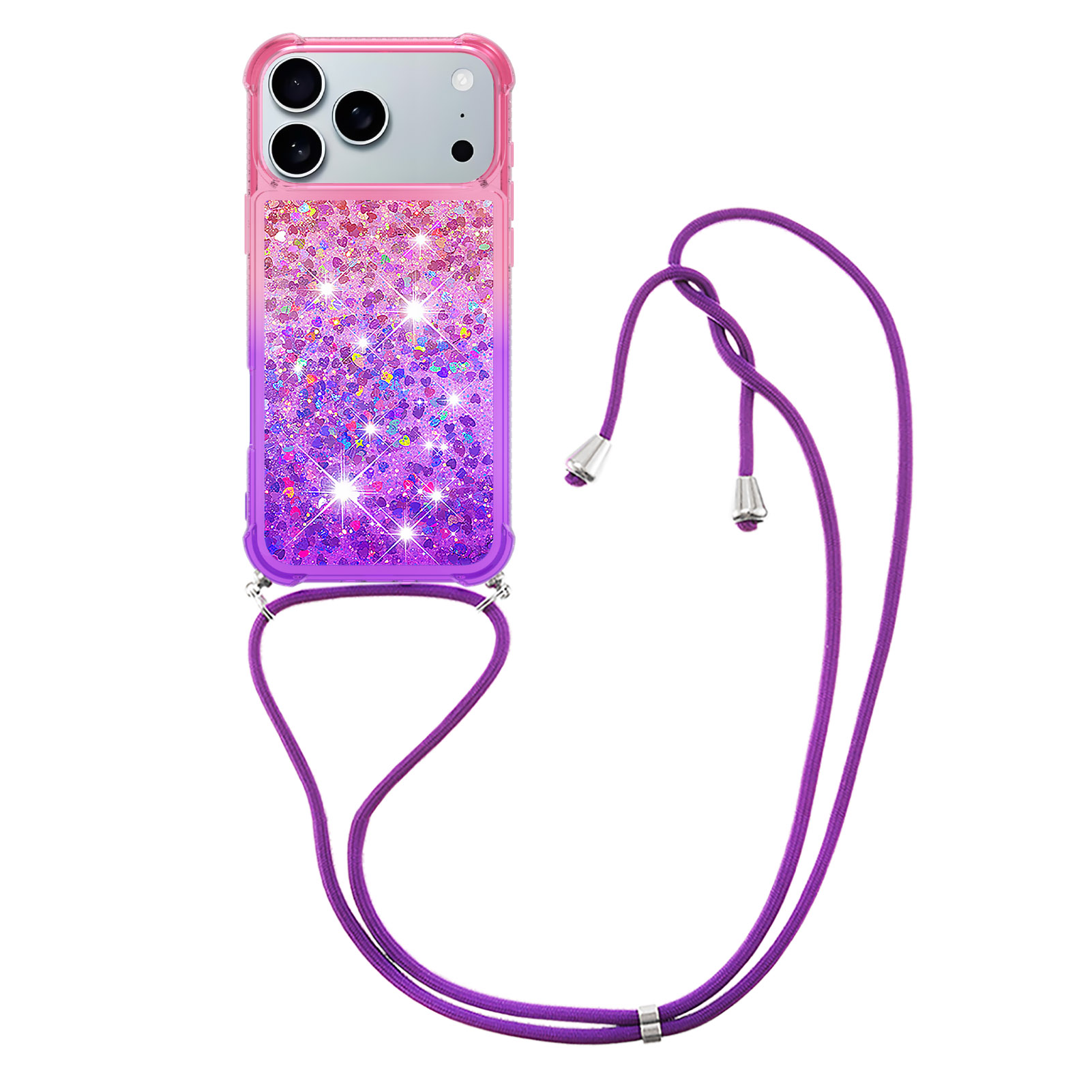 For iPhone 17 Pro Phone Case Gradient Quicksand TPU Back Cover with Long Strap - Pink / Purple