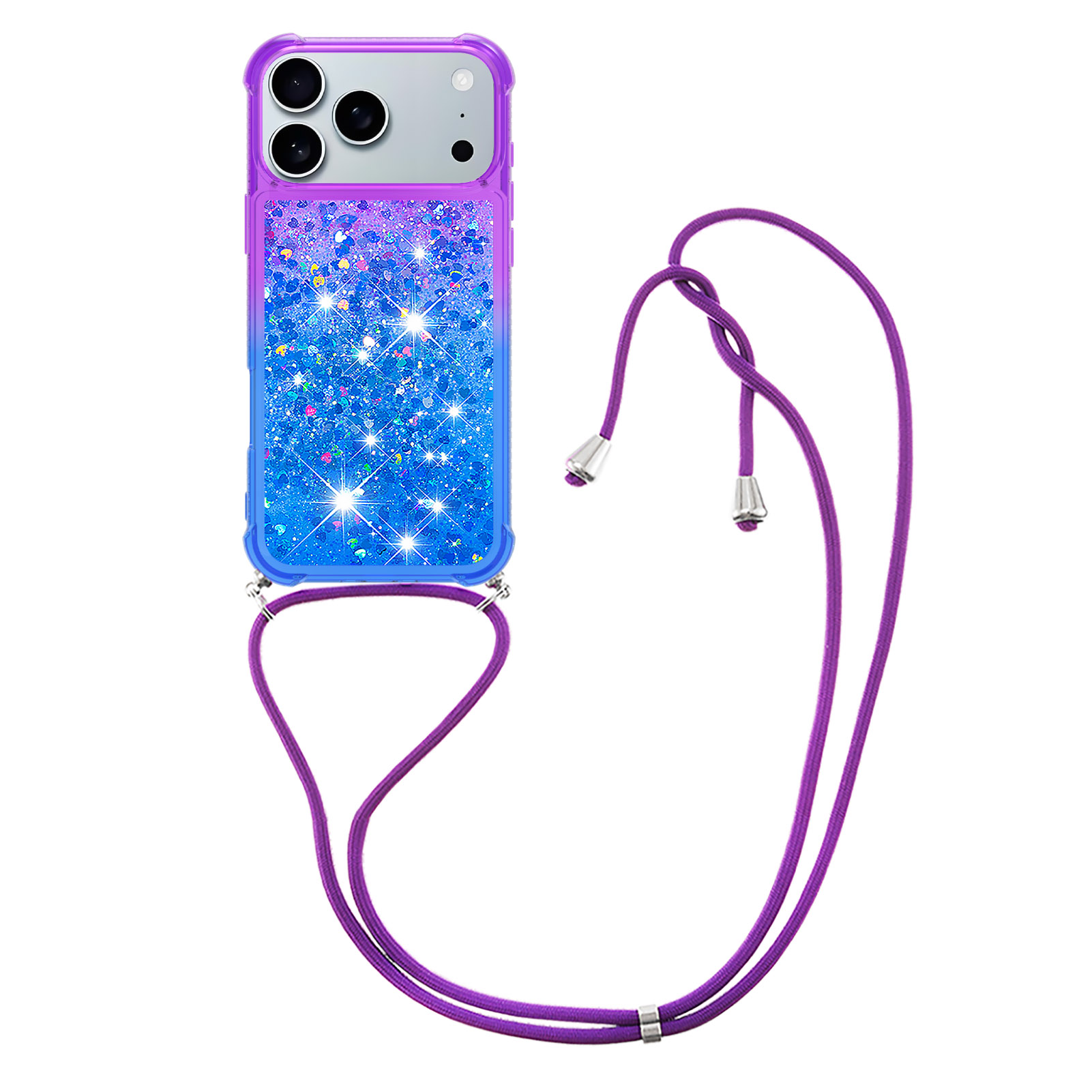 For iPhone 17 Pro Phone Case Gradient Quicksand TPU Back Cover with Long Strap - Purple / Blue