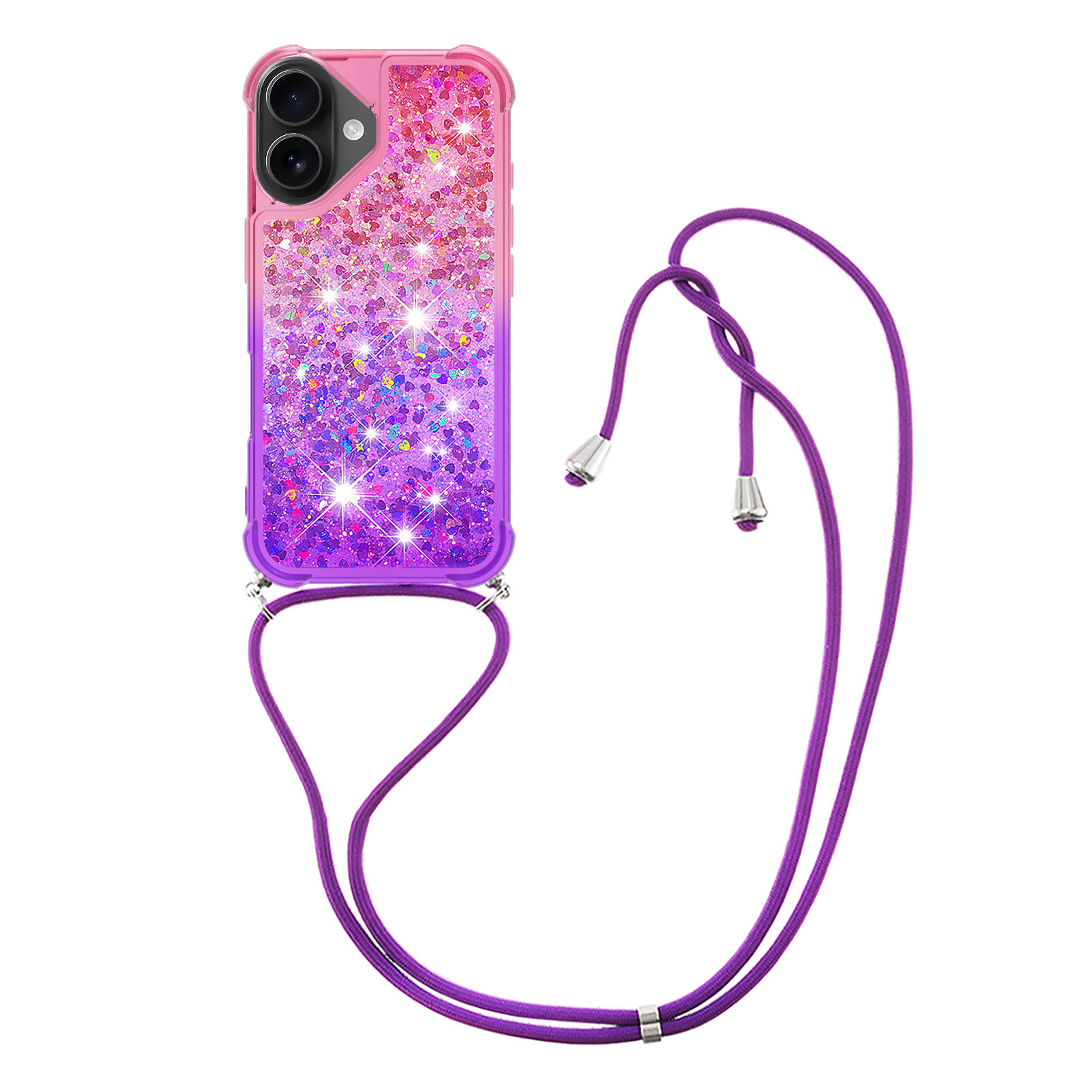 For iPhone 17 Phone Case Gradient Quicksand TPU Back Cover with Long Strap - Pink / Purple