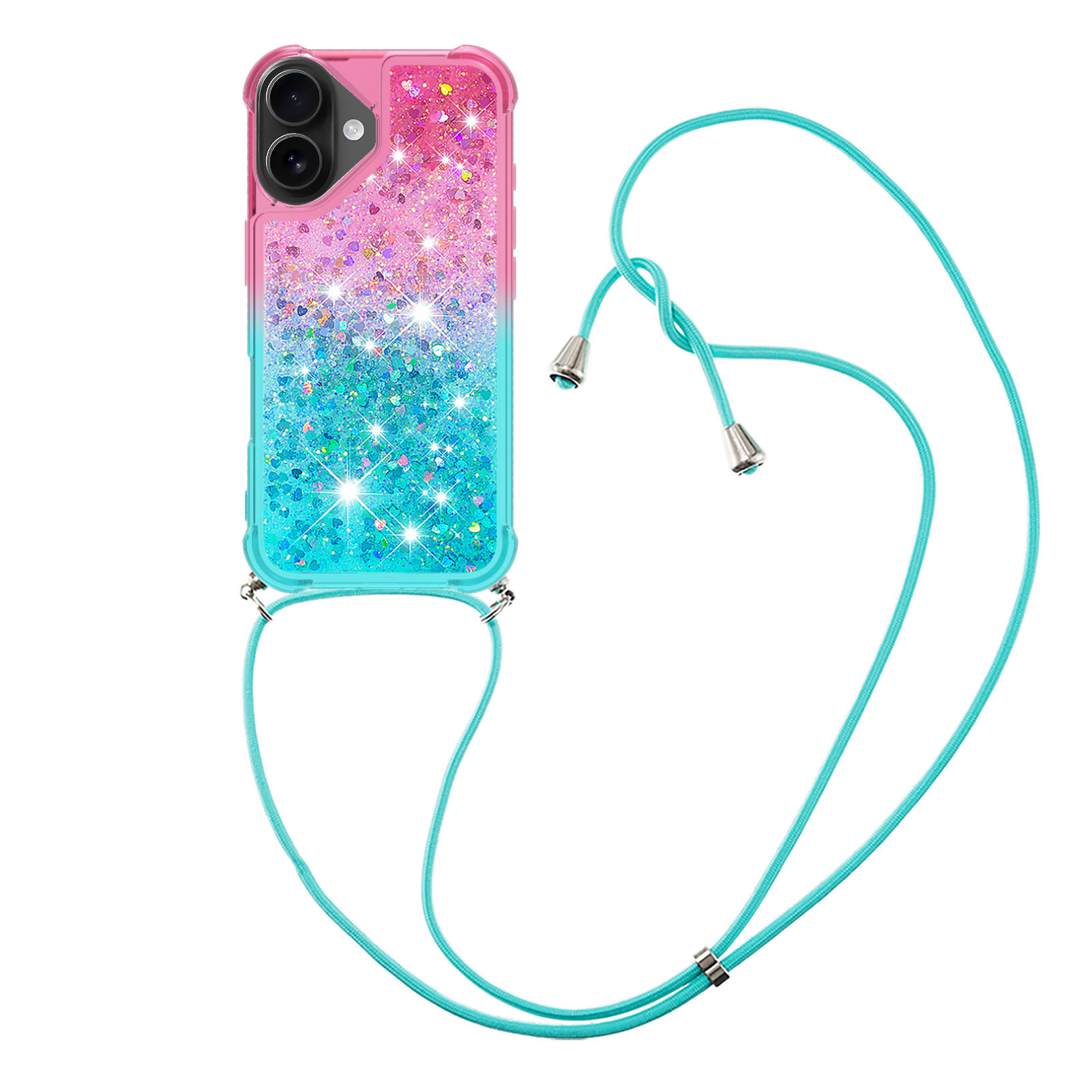 For iPhone 17 Phone Case Gradient Quicksand TPU Back Cover with Long Strap - Pink / Sky Blue