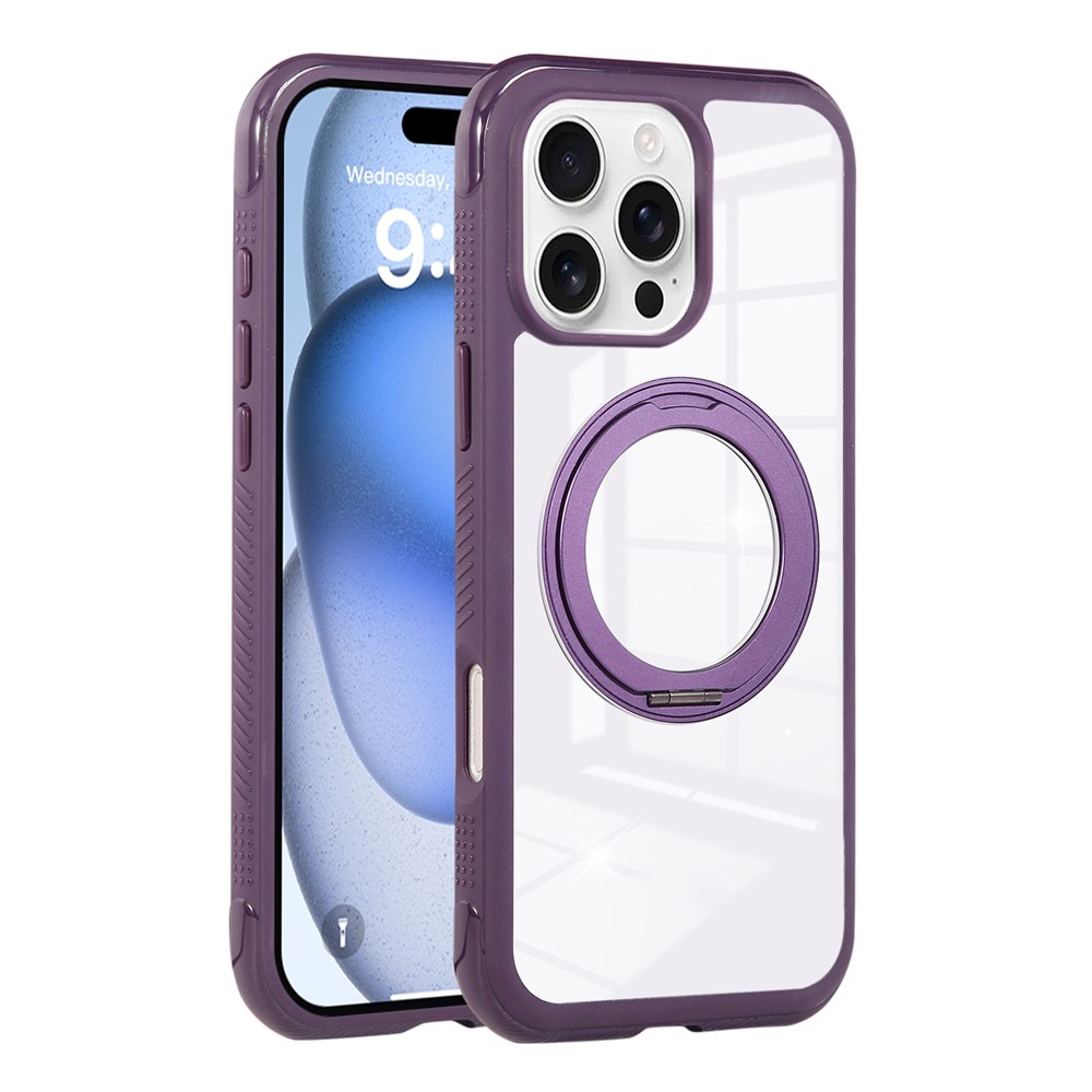 For iPhone 16 Pro Magnetic Case Stress Relief Kickstand TPU + PC Transparent Protective Phone Cover - Dark Purple