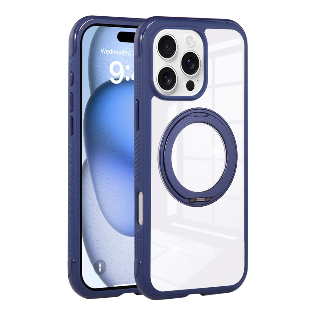 For iPhone 16 Pro Magnetic Case Stress Relief Kickstand TPU + PC Transparent Protective Phone Cover - Sapphire